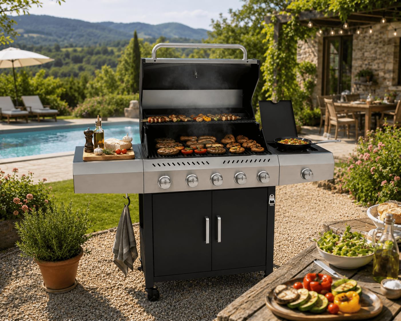 Barbecue a Gas Professionale XXL Da 19 kW con 6 Bruciatori in Acciaio Inox 304 Con Fuoco Laterale Termometro Coperchio Doppio Griglia Di Cottura 70 x 42 Cm Scaldavivande Ruote 140 × 50 × 120 Cm Nero