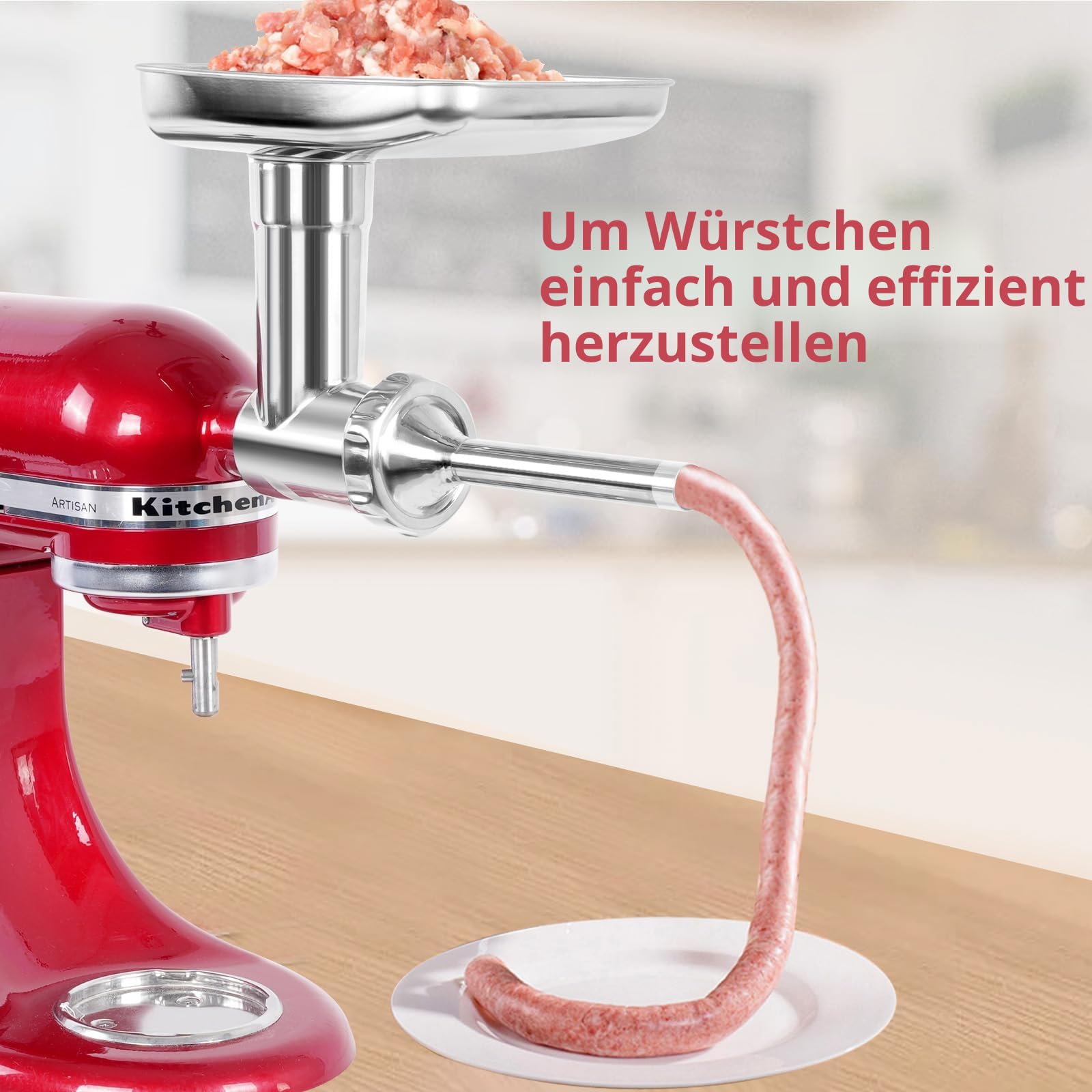 Edelstahl Fleischwolf für KitchenAid Mixer, Fleischwolfaufsatz für Kitchenaid Standmixer, spülmaschinenfest