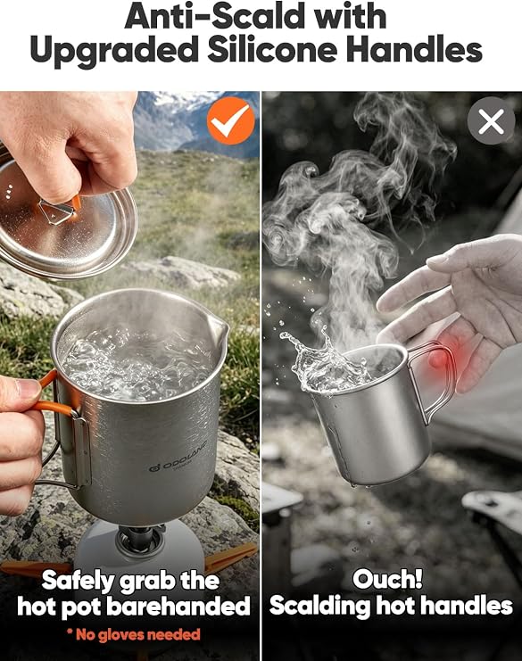 Odoland Titanium Camping Cookware 420ML & 750ML Titanium Pot with Lid and Spork Lightweight Camping Pot for Backpacking Hiking Traveling and Picnic