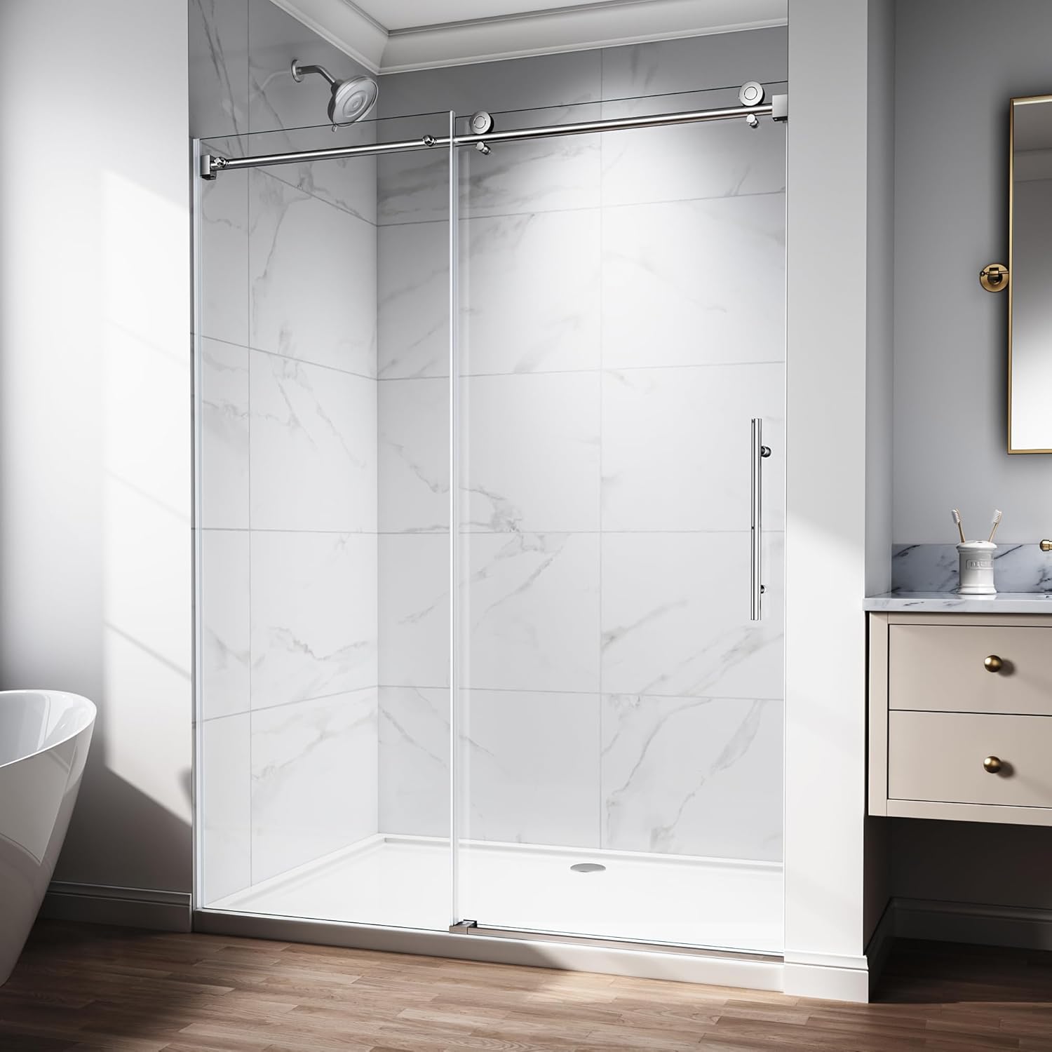 50-54" W x 76" H Frameless Sliding Shower Door, 5/16" (8mm) Clear Tempered Glass with Easy-Clean Coating, Sliding Glass Shower Door for Bathroom, Stainless Steel Hardware (Chrome, 54" W x 76" H)