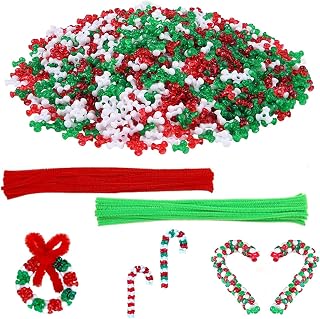 1000Pcs Christmas Tri Beads Plastic Beaded Ornament Kit with 30 Pieces Red and Green Chenille Stems Pipe Cleaners for Christmas Tree House Decorations Party DIY Craft Kit