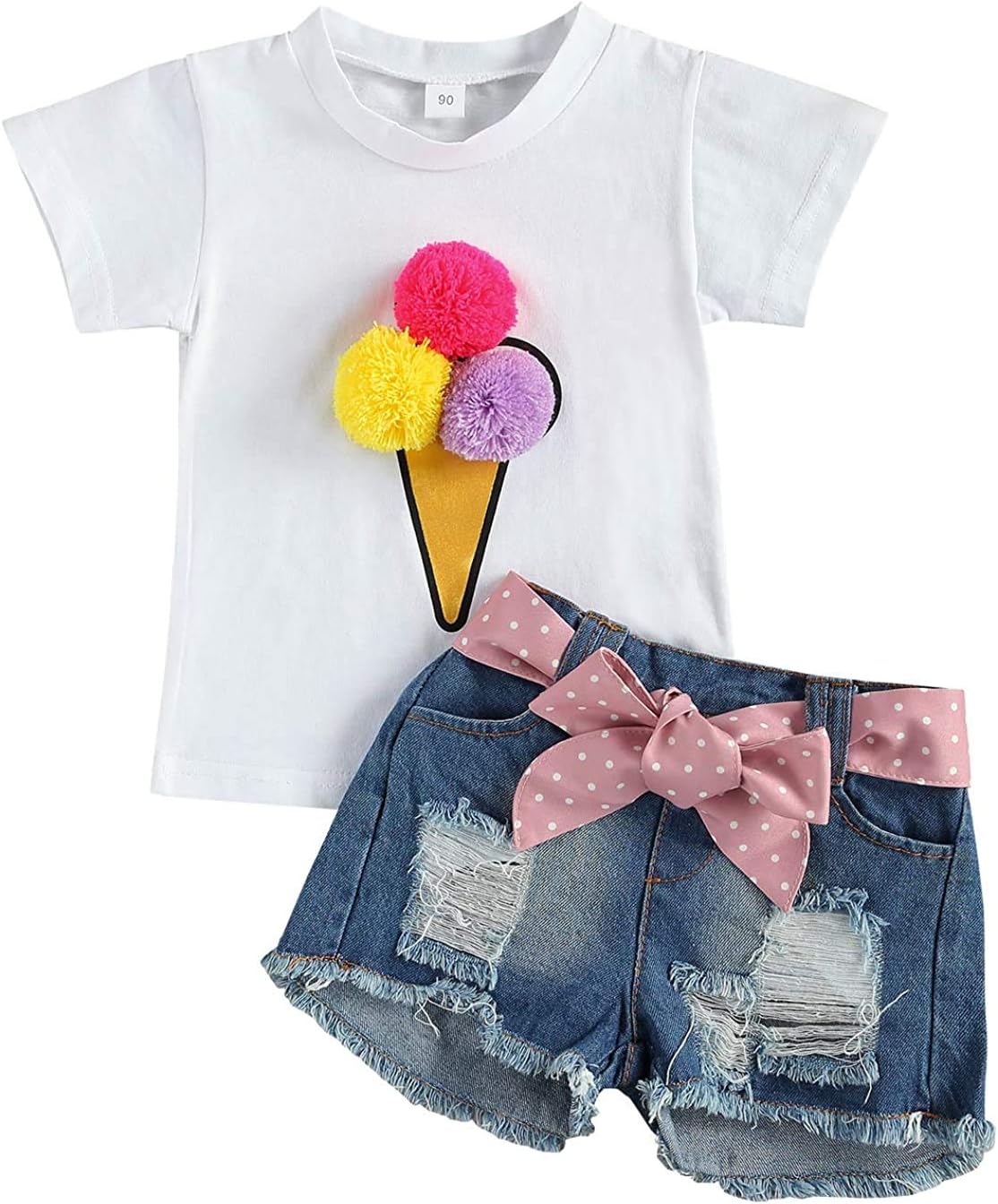 BOIZONTY1-6T Kids Baby Girl Summer Outfit Ice Cream Pompom T-Shirt Tops + Ripped Denim Jean Shorts Clothes Set (White Denim, 3-4 T)