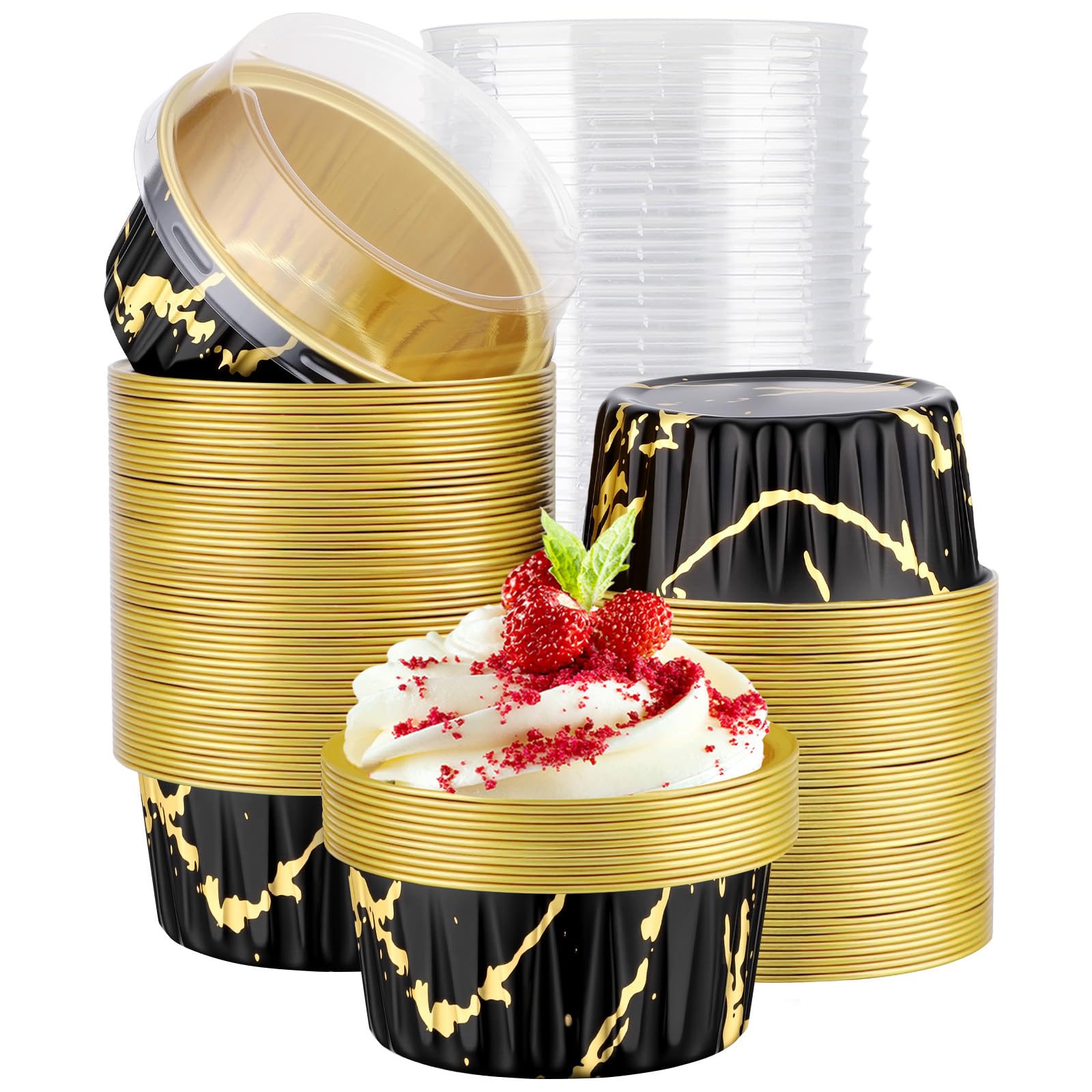 EUSOAR Vasos para hornear con tapas, 100 moldes desechables para tartas de 5 onzas, moldes para hornear magdalenas de crema brulee con tapas, forros desechables para tartas de queso, porción