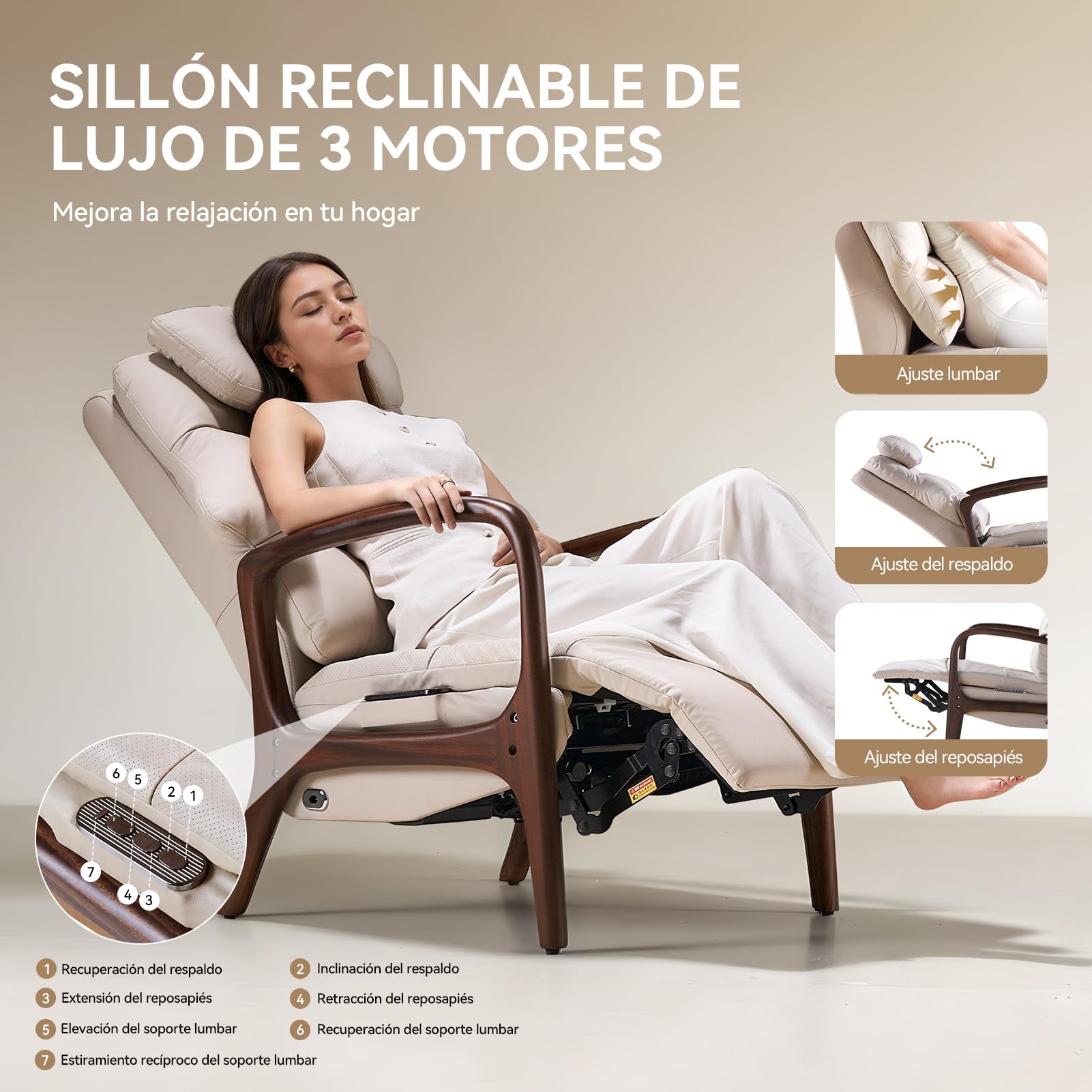 EMIAH Sillón Relax con Reposabrazos de Madera, Sillón con Soporte Lumbar y Función de Estiramiento, Sillón Reclinable Eléctrico con Reclinación y Reposapiés, Sillón TV con Cabezal, Cuero Genuino