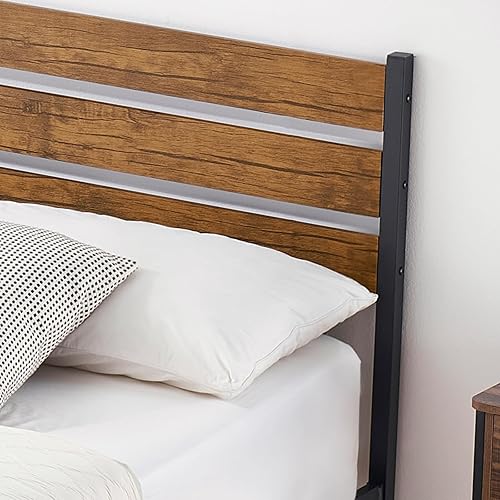 Miniatura 6 de Base de cama tamaño Queen con cabecero y estribo, sistema de soporte totalmente metálico, no necesita somier, fácil montaje, marrón rústico