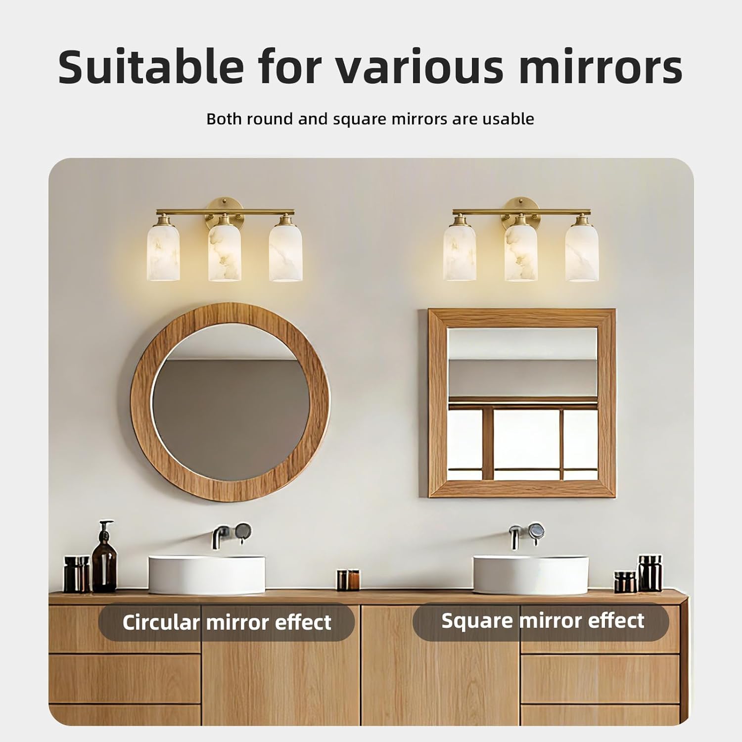 3-Light Brass Bathroom Vanity Light, 16.9 Inch Wall Sconce with Natural Marble Shades, 3-Color LED Bulbs Included, E26 Hardwired for Mirror