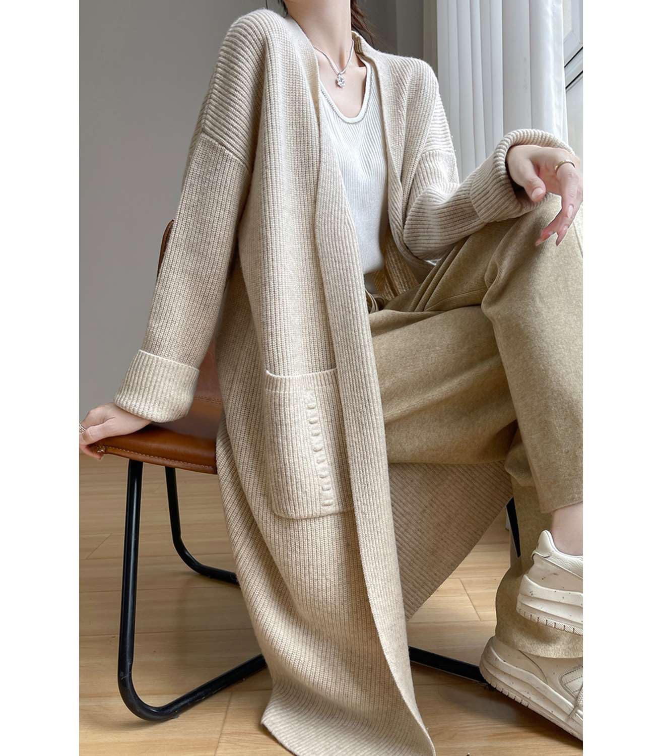 100% lana merino lavorato a maglia cardigan maglione da donna spesso cappotto lungo con tasche giacca invernale