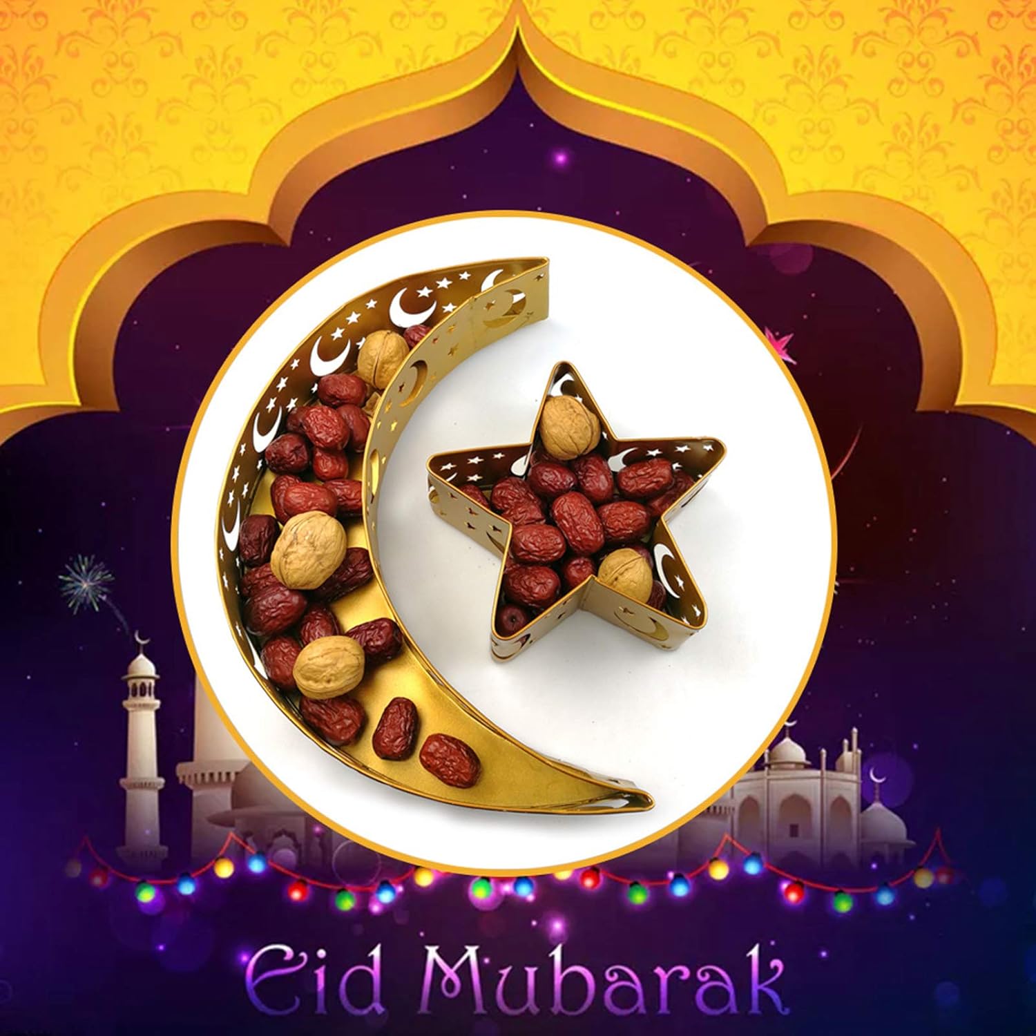 Eid Mubarak Dinner Plates, Iron Moon Star Shaped Food Fruit Serving Tray Eid Ramadan Decoration Serving Tableware Platters for Fruit Snack Dessert,Holiday Supplies (Stars and