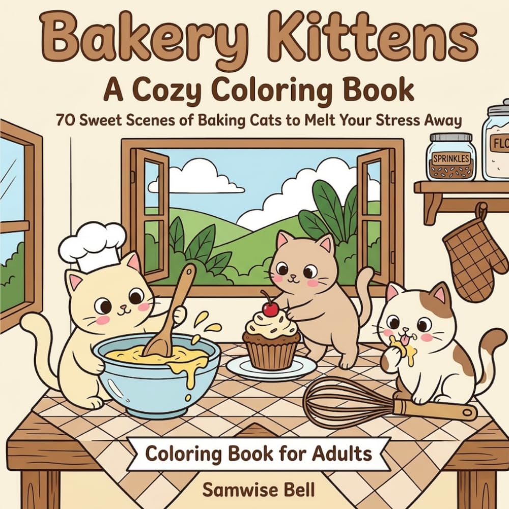 Bakery Kittens: A Cozy Coloring Book: Whiskers, Whipped Cream & Warm Ovens – 70 Sweet Scenes of Baking Cats to Melt Your Stress Away