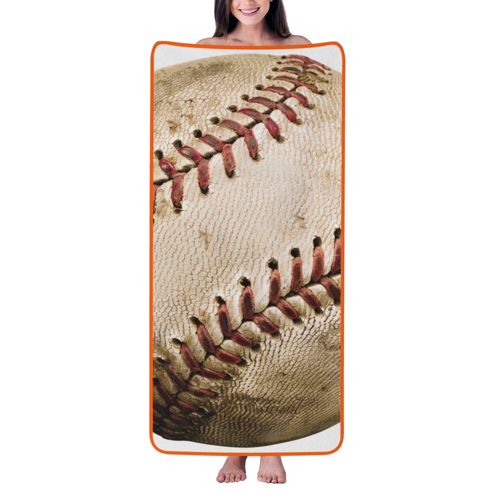 WPKJU Baseball 1 Printed Bath Towel with Orange Edging - 27x55 in Soft Extra Absorbent Coral Velvet Shower Towels for Bathroom