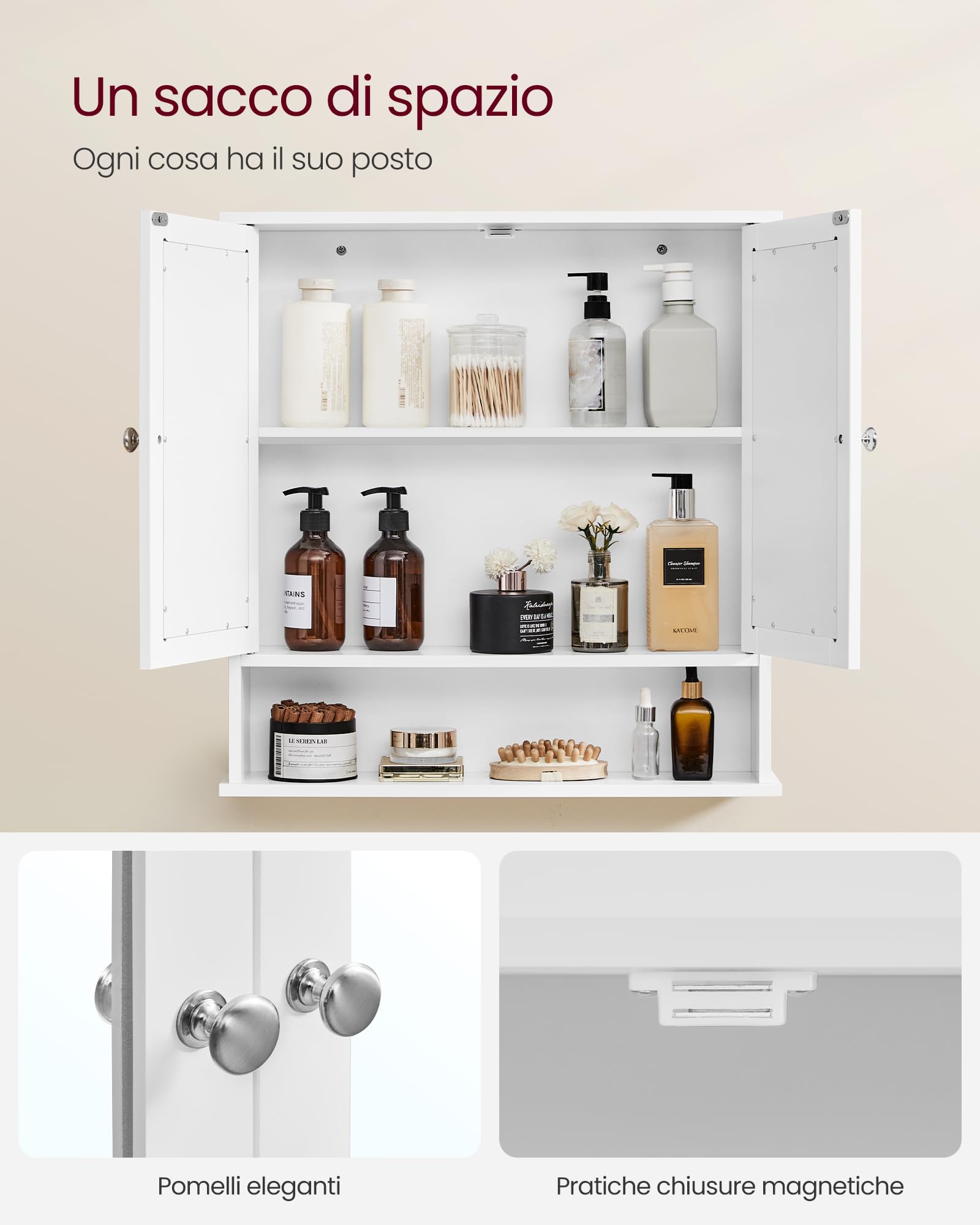 VASAGLE Armadio da Bagno, Specchiera, Mobile da Parete con 2 Ante a Specchio e Scomparto Aperto, Ripiano Regolabile, Montaggio a Parete, 13 x 56,5 x 58,5 cm, Bianco LHC002