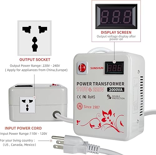Miniatura 3 de SUNSHUN Convertidor de 110 V a 220 V, transformador elevador de 2000 W de 110 V a 220 V con pantalla de voltaje para electrodomésticos asiáticos