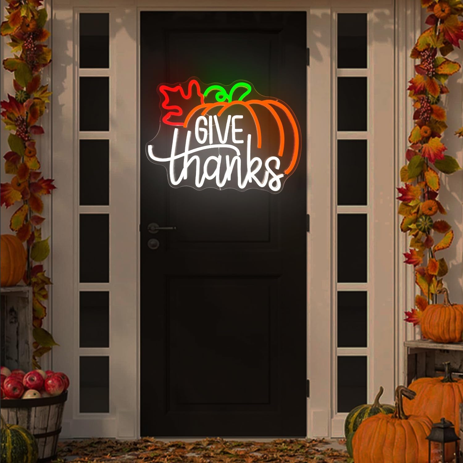 Thanksgiving Neon Sign Give Thanks Neon Signs Give Thanks Pumpkin Decorations Thanksgiving Day Neon Sign for Wall Decor Neon Light Up Sign for Door Wall Art Window Home Party