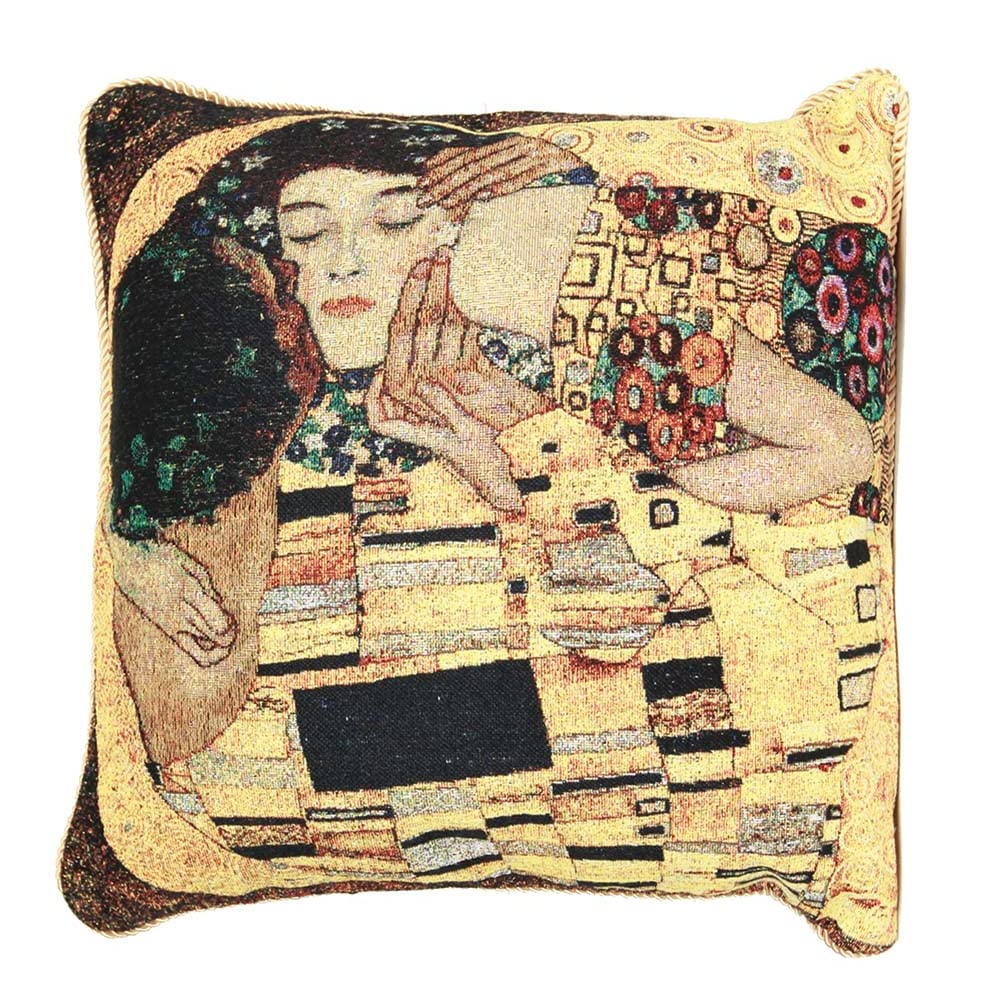 Signare Women's The Kiss Klimt Art Cushion Cover Designer Colourful Tapestry | Double Sided 45X45cm | Gold