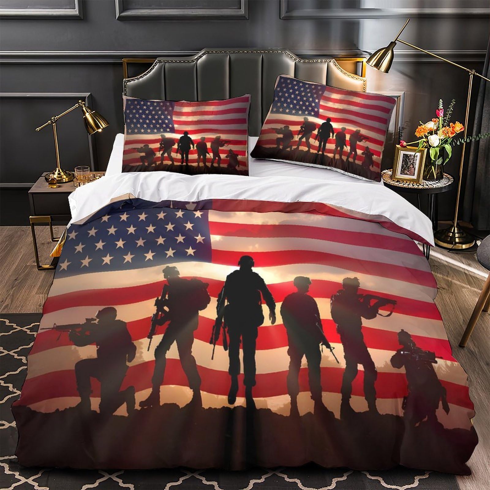 Soldiers Silhouette Comforter Cover 3D Print Wrinkle-Resistant 3PCs Bed Linen Hidden Zipper military Honor Quilt Cover Extra Soft Washable for Teens Youth Adults Women Kids Boys Single（135x200cm）
