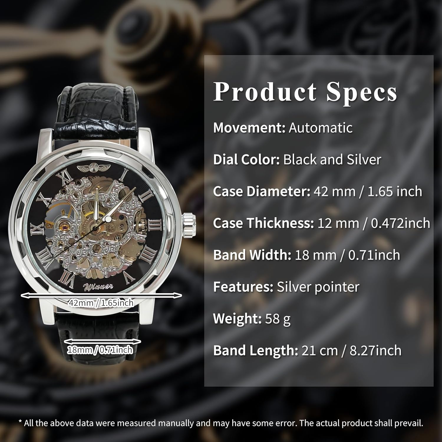 GLEIM Men's Watch, Mechanical Skeleton Steampunk Design Automatic Self-Winding Roman Numeral Silver Case PU Leather Wrist Watch - Image 4