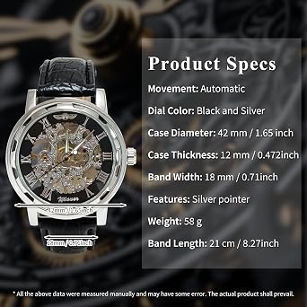 GLEIM Men's Watch, Mechanical Skeleton Steampunk Design Automatic Self-Winding Roman Numeral Silver Case PU Leather Wrist Watch