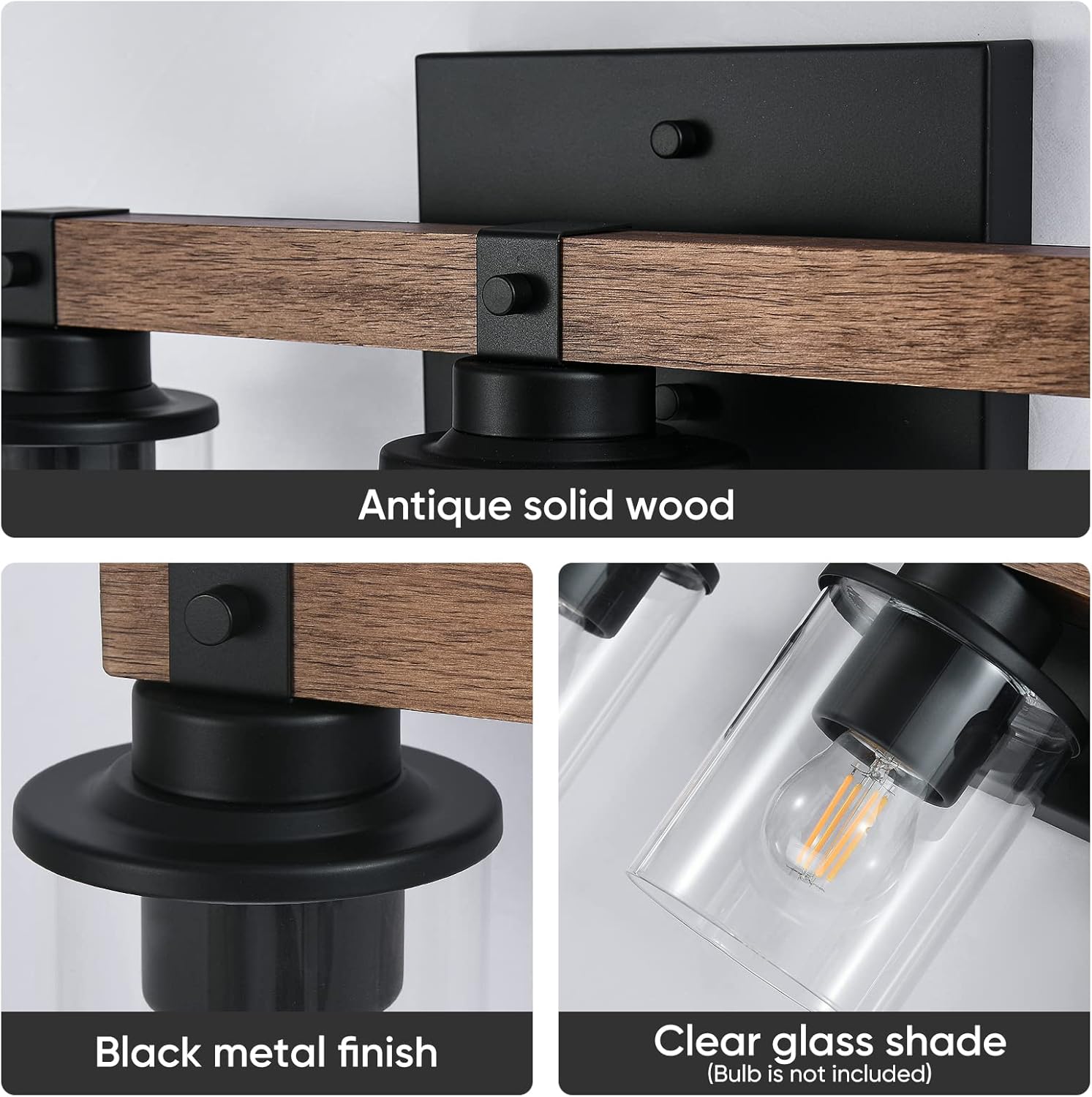 GZBtech 3-Light Wood Vanity Light Fixture Over Mirror, Farmhouse Rustic Wall Light with Clear Glass & Black Matte Metal for Bathroom Living Room, Hallway