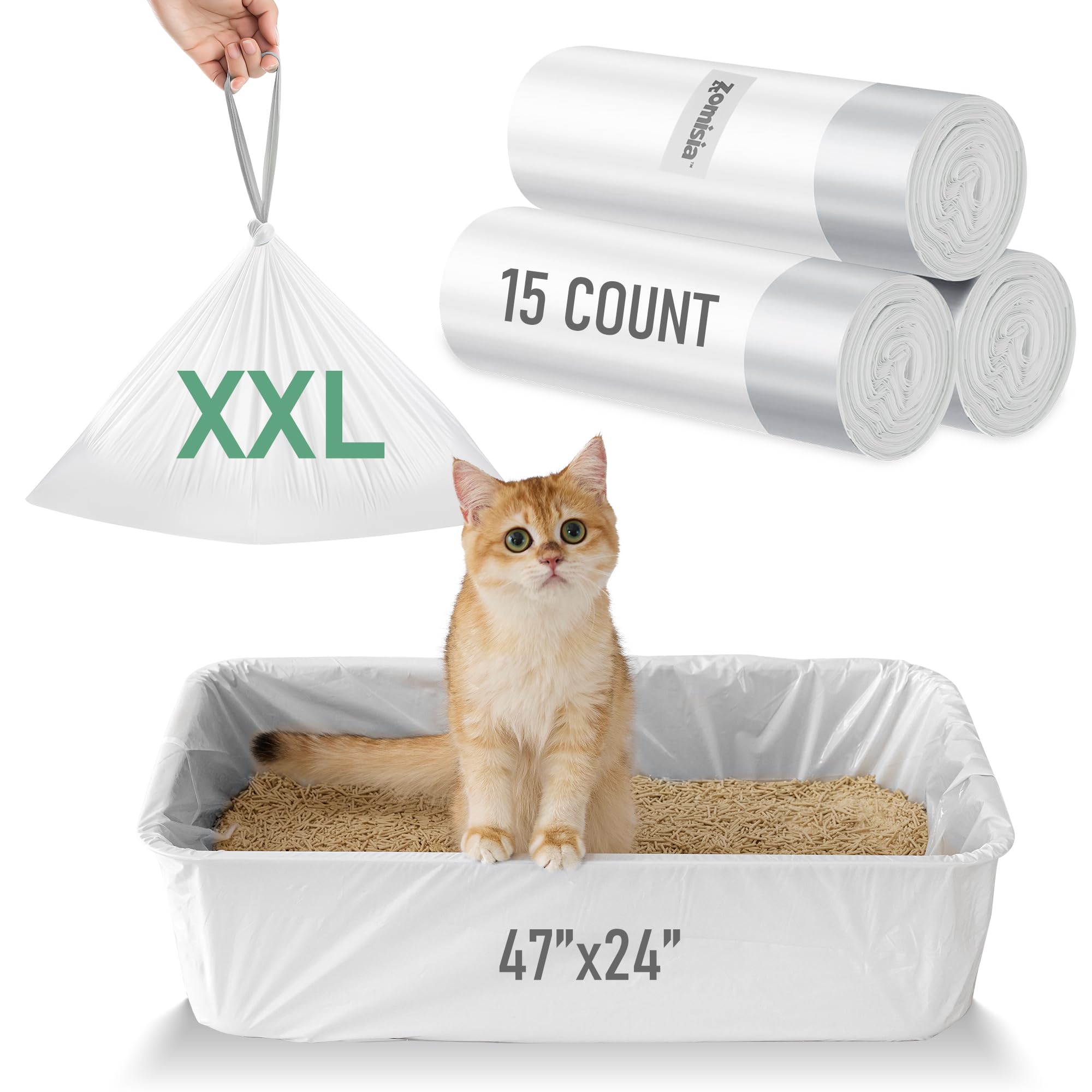 Photo 1 of Zomisia Cat ter Box Liner XL - 15 Count 47" x 24" Jumbo Litter Bags with Drawstring, Extra Thick Kitty Litter Pan Liners Tear Resistant Heavy Duty, Easy Clean up for Litter Tray, Unscented