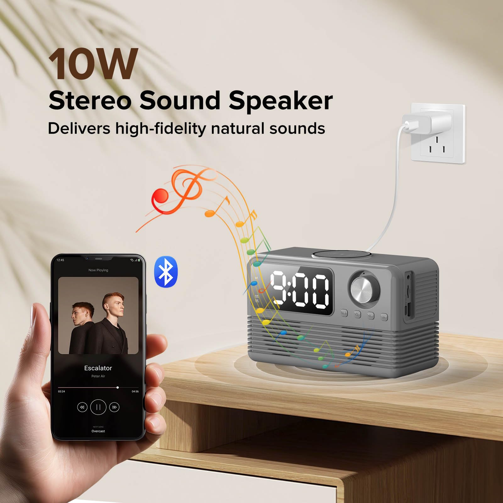 Chargeur sans fil rapide 15 W avec haut-parleur Bluetooth et radio réveil, station de charge sans fil 4 en 1 pour iPhone, téléphones Android avec radio FM pour chambre