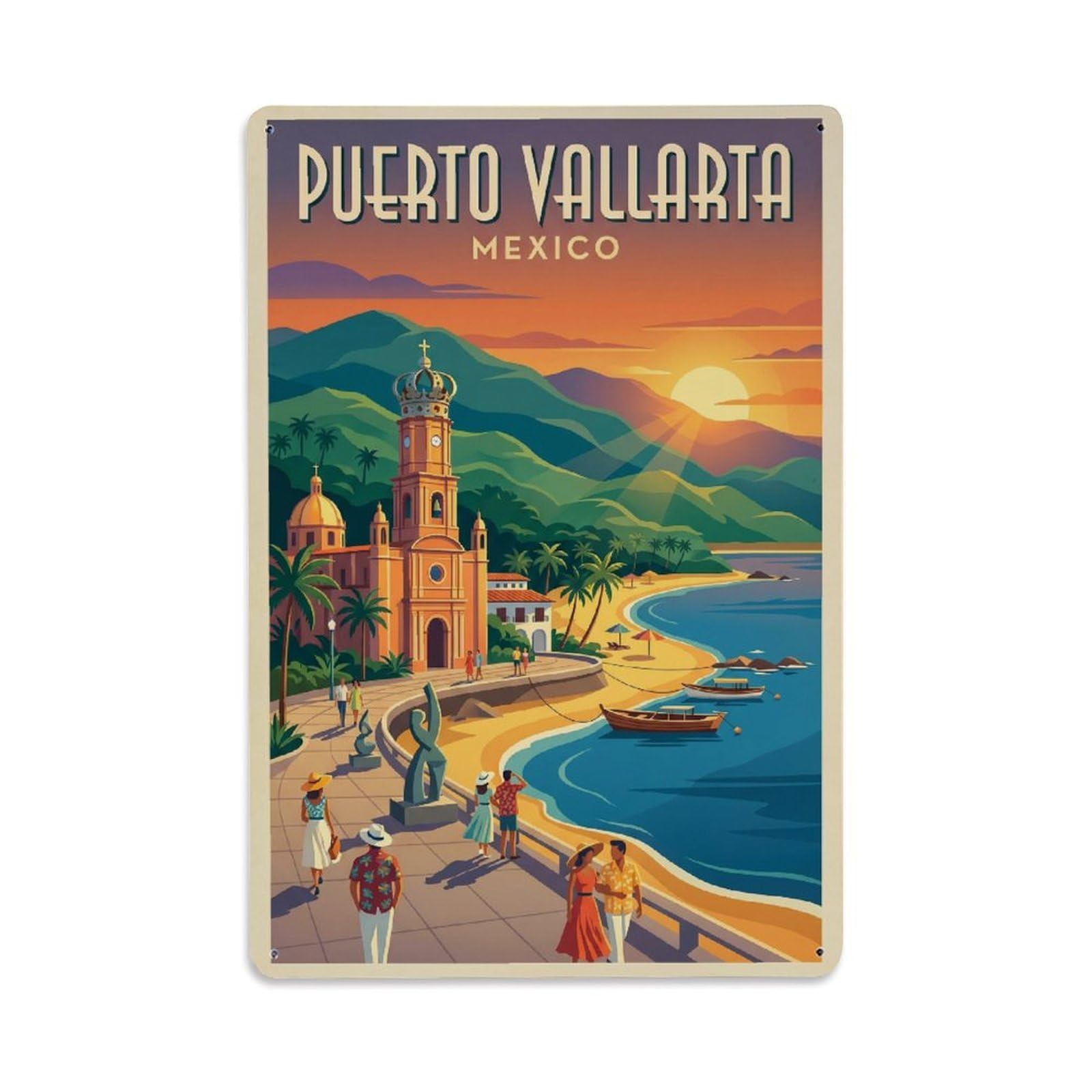 Vintage Mexico Puerto Vallarta Travel Metal Tin Sign
