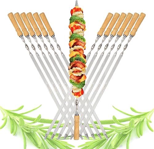 NuevoBrochetas de metal plano para barbacoa de 23.6 pulgadas, mango de madera, acero inoxidable, juego de parrilla reutilizable para carne,