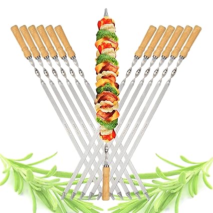 23.6'' Large Size Kabob Skewers Flat Metal BBQ Barbecue Skewer Wooden Handle Stainless Steel Shish Kabob Sticks Wide Reusable Grilling Set Meat Shrimp Chicken Vegetable Kebab Fork Sausage-12PCS