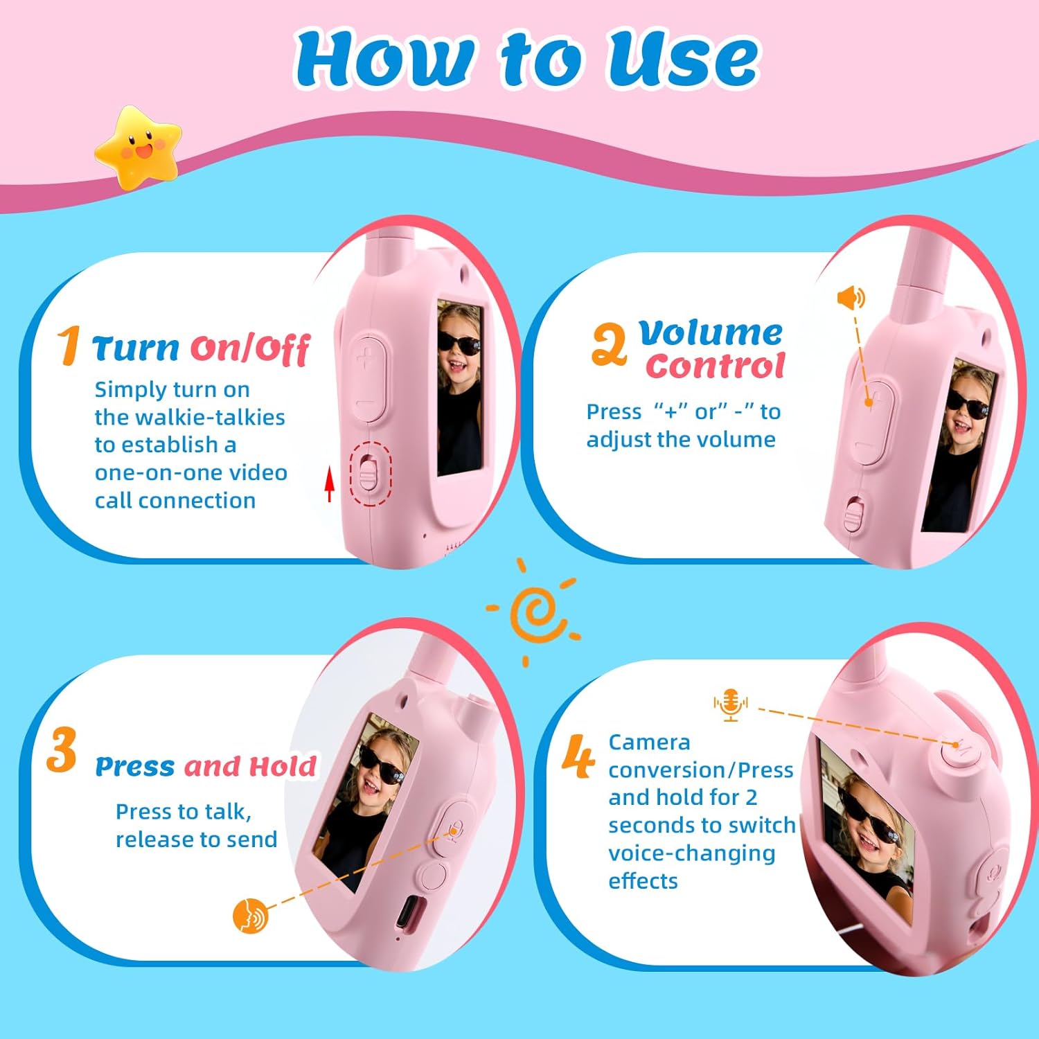 walkie talkies for Kids 2 Pack Rechargeable Mini Walkie Talkies for Kids 1600 ft Long Range Real-Time Video Chat Voice Changer Watch Strap Design, Boys & Girls 3-12, Blue & Pink
