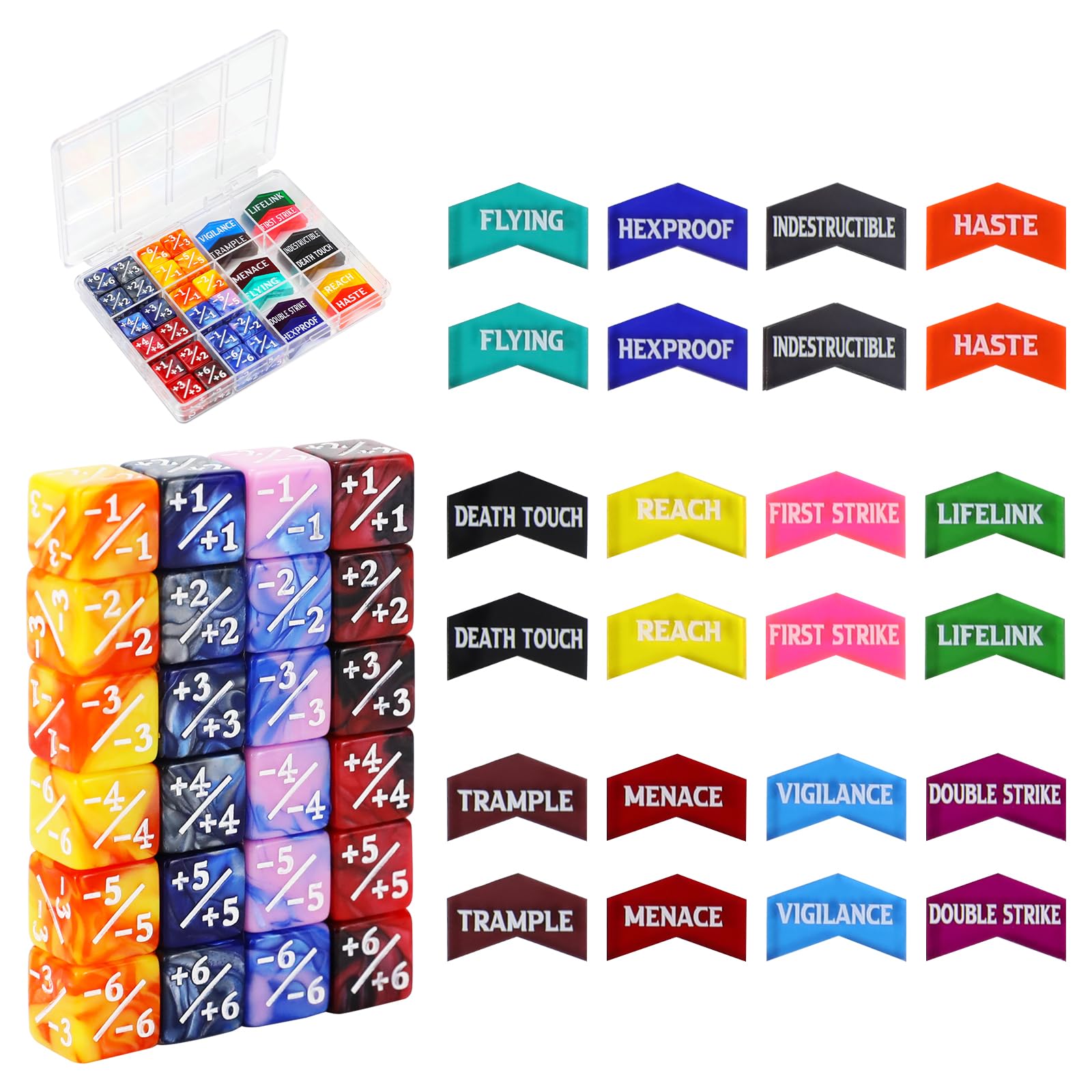 SIXPONTS Lot de 48 dés MTG de 12 mm – 1/+1 dés de compteur de vie et jetons de compteur de mots clés MTG compatibles avec Magic The Gathering, TCG, accessoires de jeux de cartes (dés # B et compteurs