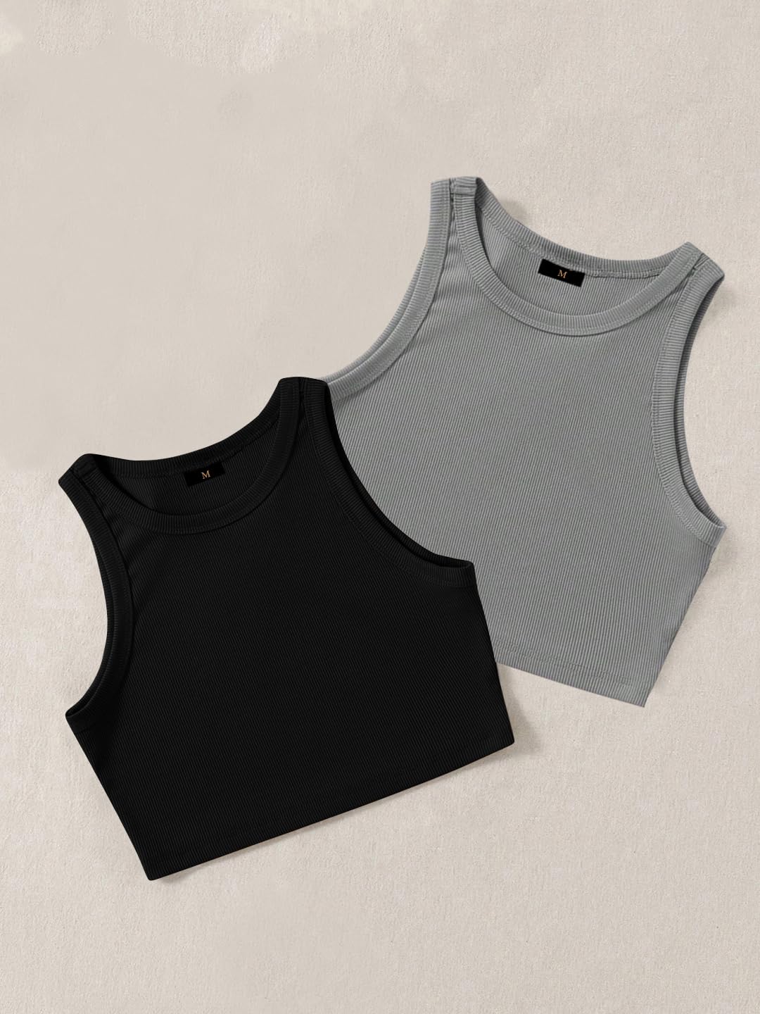 Pack de 2 camisetas sin mangas acanaladas elegantes con cuello redondo para mujer y top corto occidental
