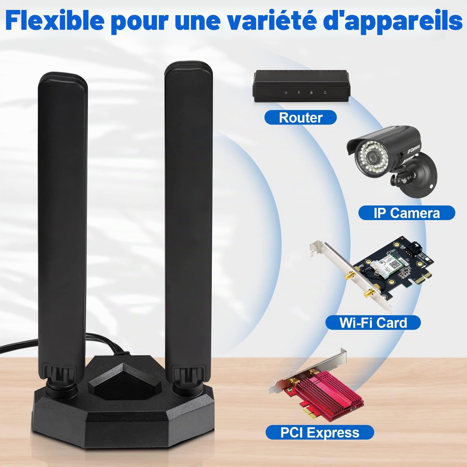 Eightwood Antenne WiFi 6E Tri-Bande (2.4/5/6GHz) avec Base Magnétique, 2M RG174 Câble(RP-SMA), pour PC/Routeur/Carte PCI, Amplificateur Signal Gaming/Streaming 4K, Compatible Wi-FI 6/6E