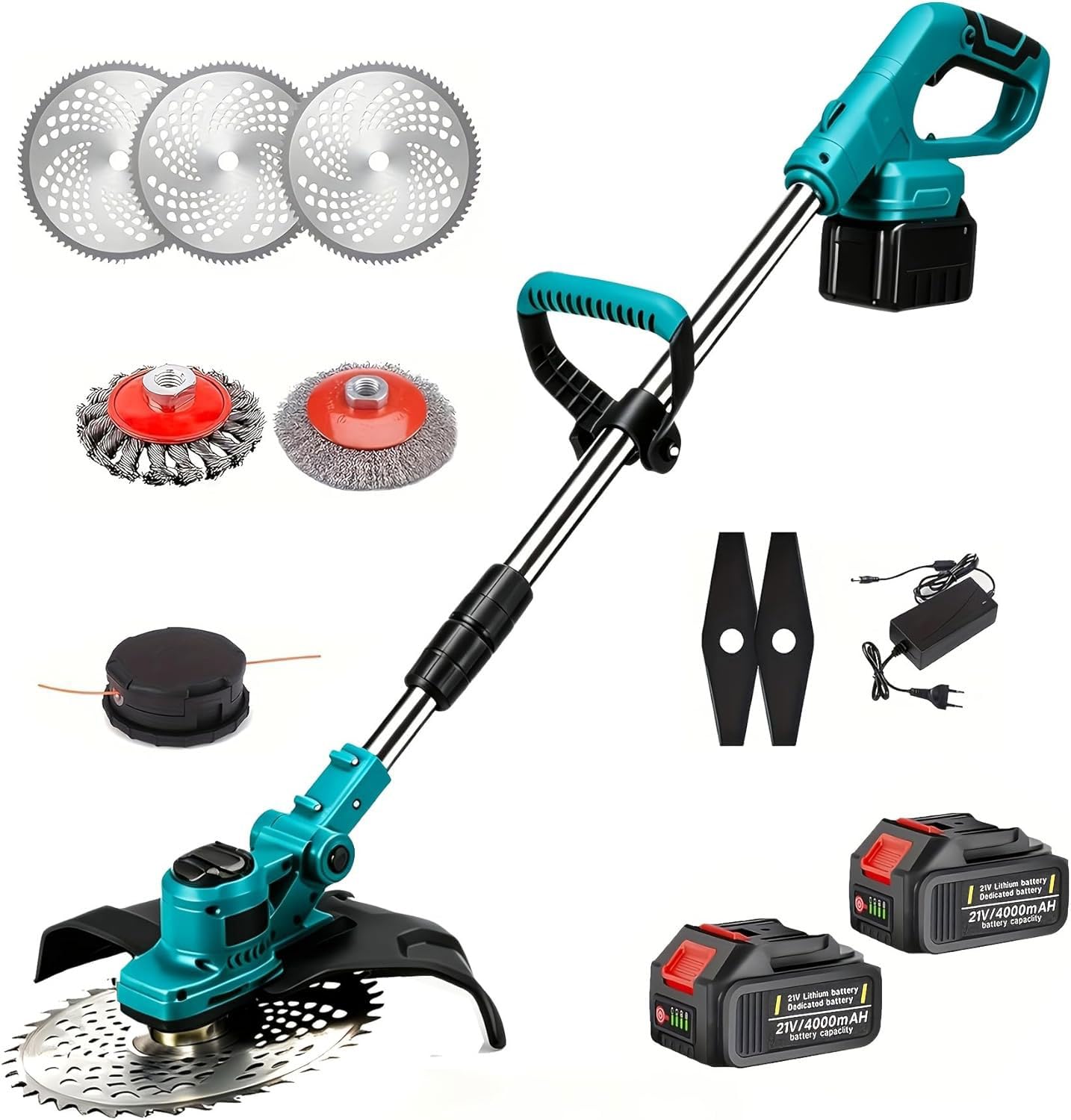Desbrozadora eléctrica sin escobillas de 21 V, con cepillo para malas hierbas, con 4 tipos de cuchillas, desbrozadora eléctrica para césped, jardín