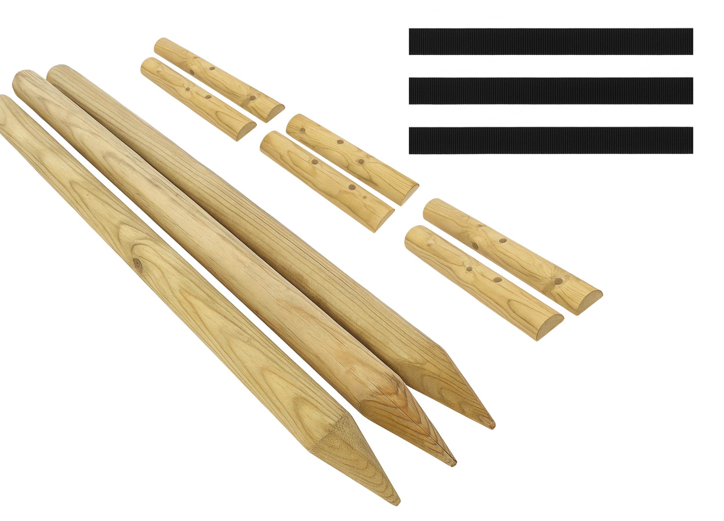 Kit Complet Tuteur Arbre 200 cm ø 6 cm Tuteur Bois avec 3 Piquets 3 Sangles Noires 6 Demi Palissades Support Arbre Fixation Plantes Jardin