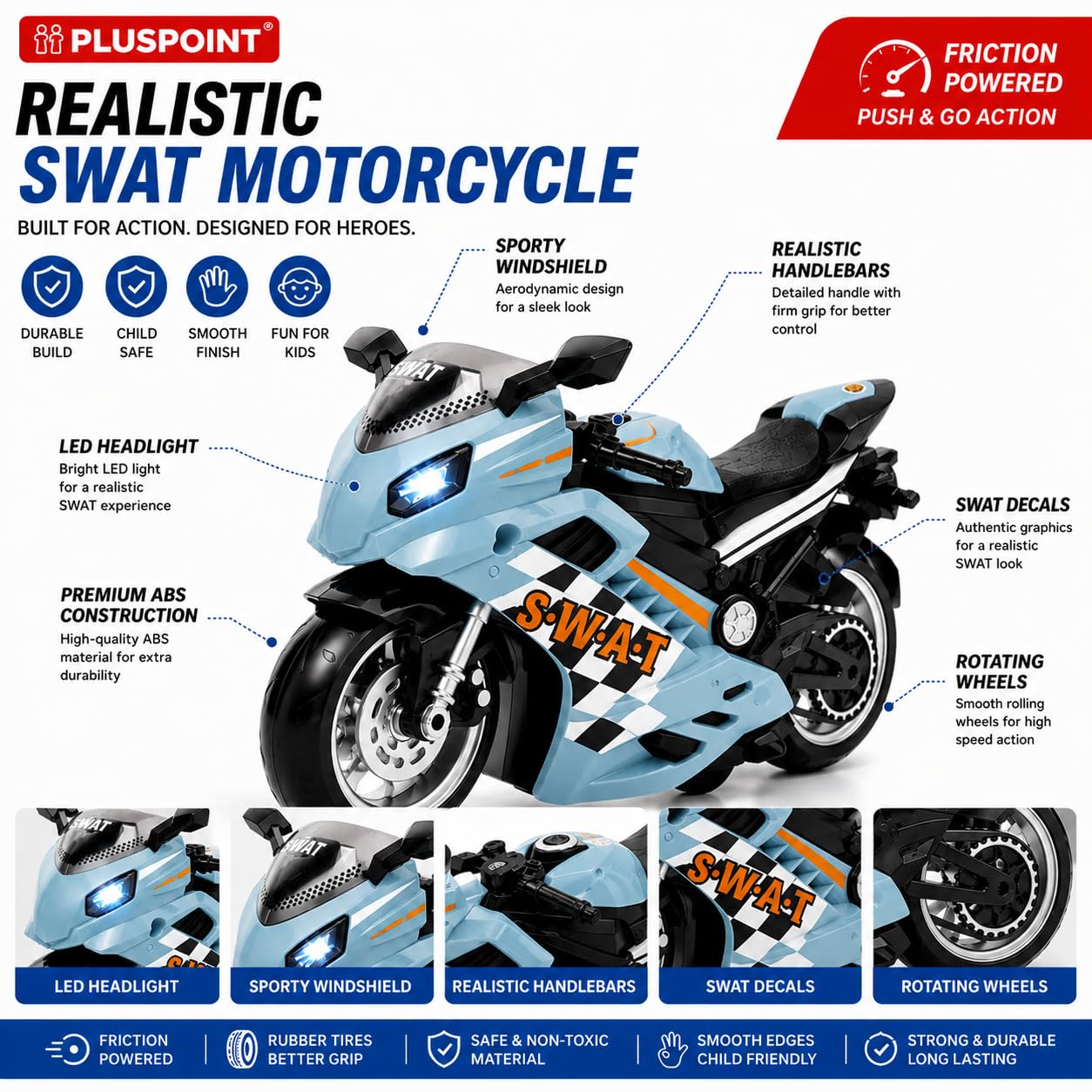 PLUSPOINT Police SWAT Rescue Motorcycle Toy | Friction Powered SWAT Bike with Lights, Music & Push and Go Action | Emergency Police Vehicle Toy for Kids Boys & Girls Age 3+ 1