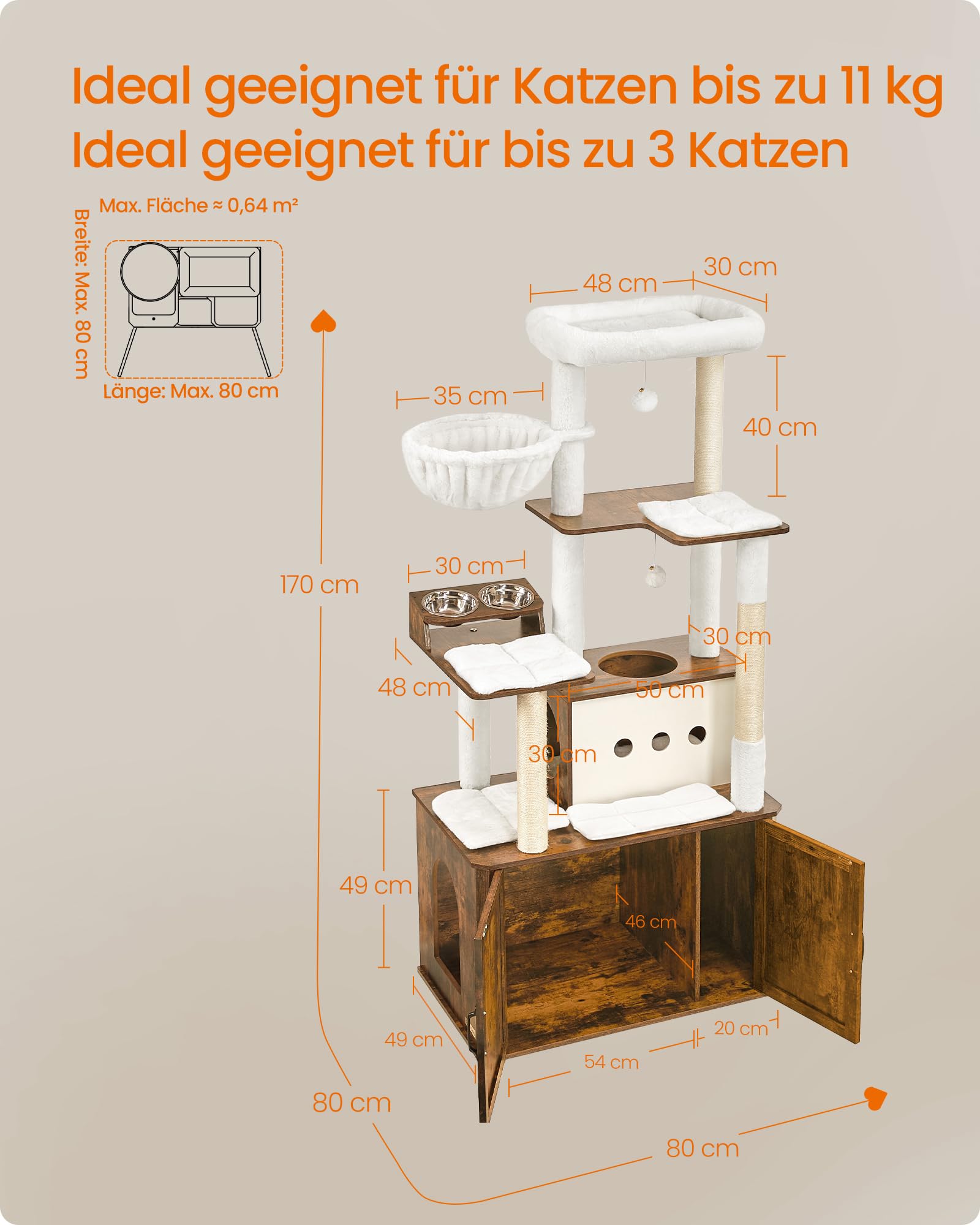 Feandrea Kratzbaum, 170 cm hoch, mehrstöckiger Katzenbaum, große Höhle, Liegemulde, Kratzstämmen, Plüschbälle, Katzenklo-Schrank, vintagebraun PCT169K01