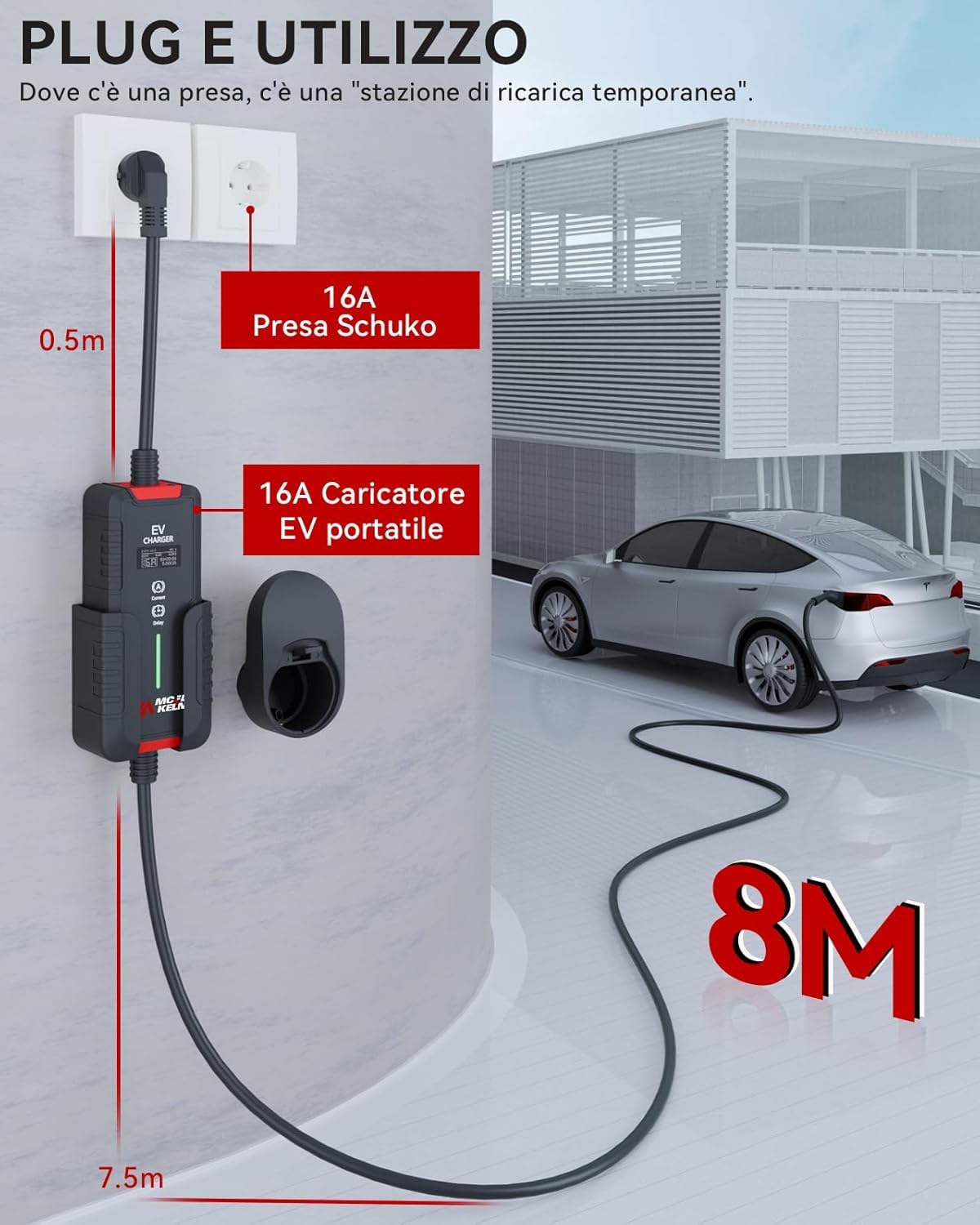 MCEVKELN EV Caricatore Tipo 2 3.6 KW, 8M Cavo Ricarica Auto Elettrica Tipo 2 Schuko con Scatola Commutabile 6-16A, 8M EV Charger Portatile IEC 62196-2 Stazione Caricabatterie