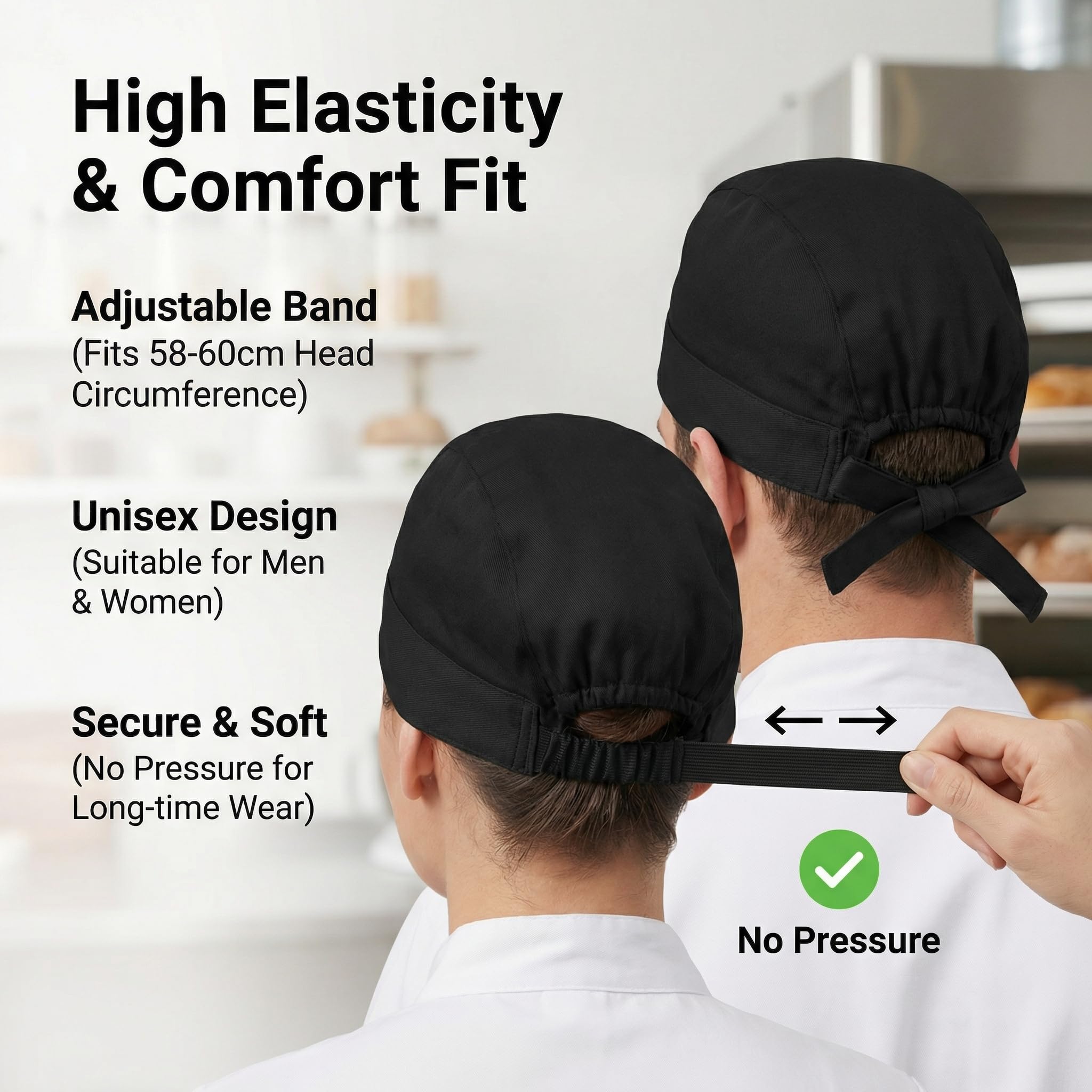 5 Piezas Gorros de Cocina Ajustables, Bandana Chef Unisex para Hombre y Mujer, Gorro Cocinero Profesional Estilo Japonés (Negro, Rayas, Chile, Cubiertos, Cuadros) para Restaurante Hostelerí