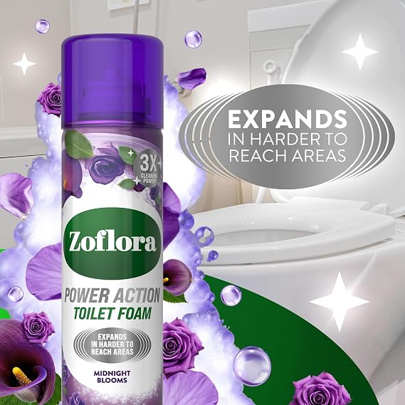 Zoflora Power Toilet Foam Midnight Blooms, Expands in Harder to Reach Areas, Kills 99.9 Percent Bacteria, 3 Times Cleaning Power, Long Lasting Fragrance - 300ml