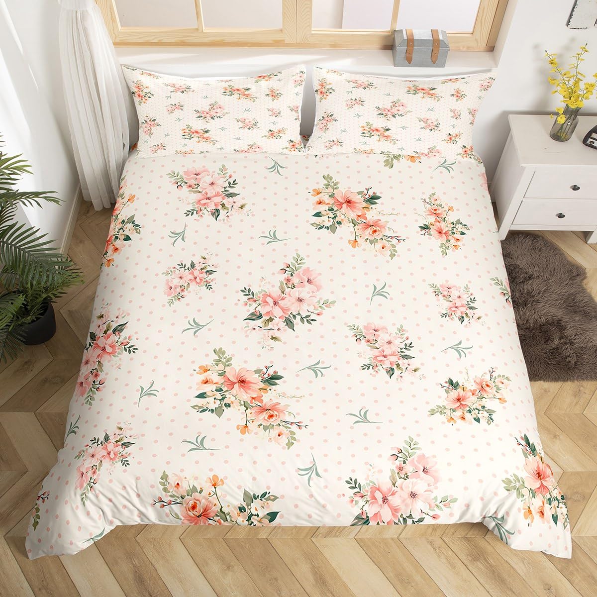 Flowers Duvet Cover Botanical Floral Flowers Blossom Bedding Set For Girls Women Ultra Soft Flower Pattern Comforter Cover Set Natural Theme White Red Room Decor Single Bedclothes Zipper