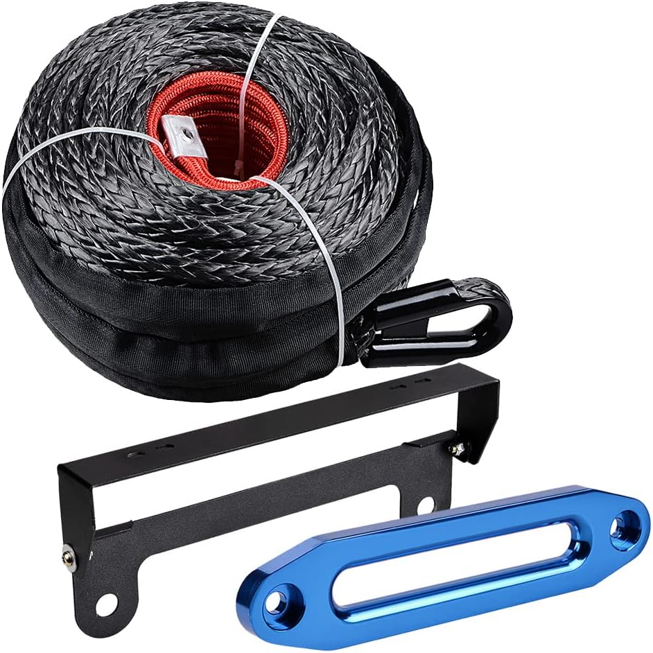Black Combo 92' x 1/2" Synthetic Fiber Winch Rope Cable Recovery Towing 22,000LBs & Flip-Up Steel License Plate Holder + Blue Aluminum 10" Mounting Hawse Fairlead