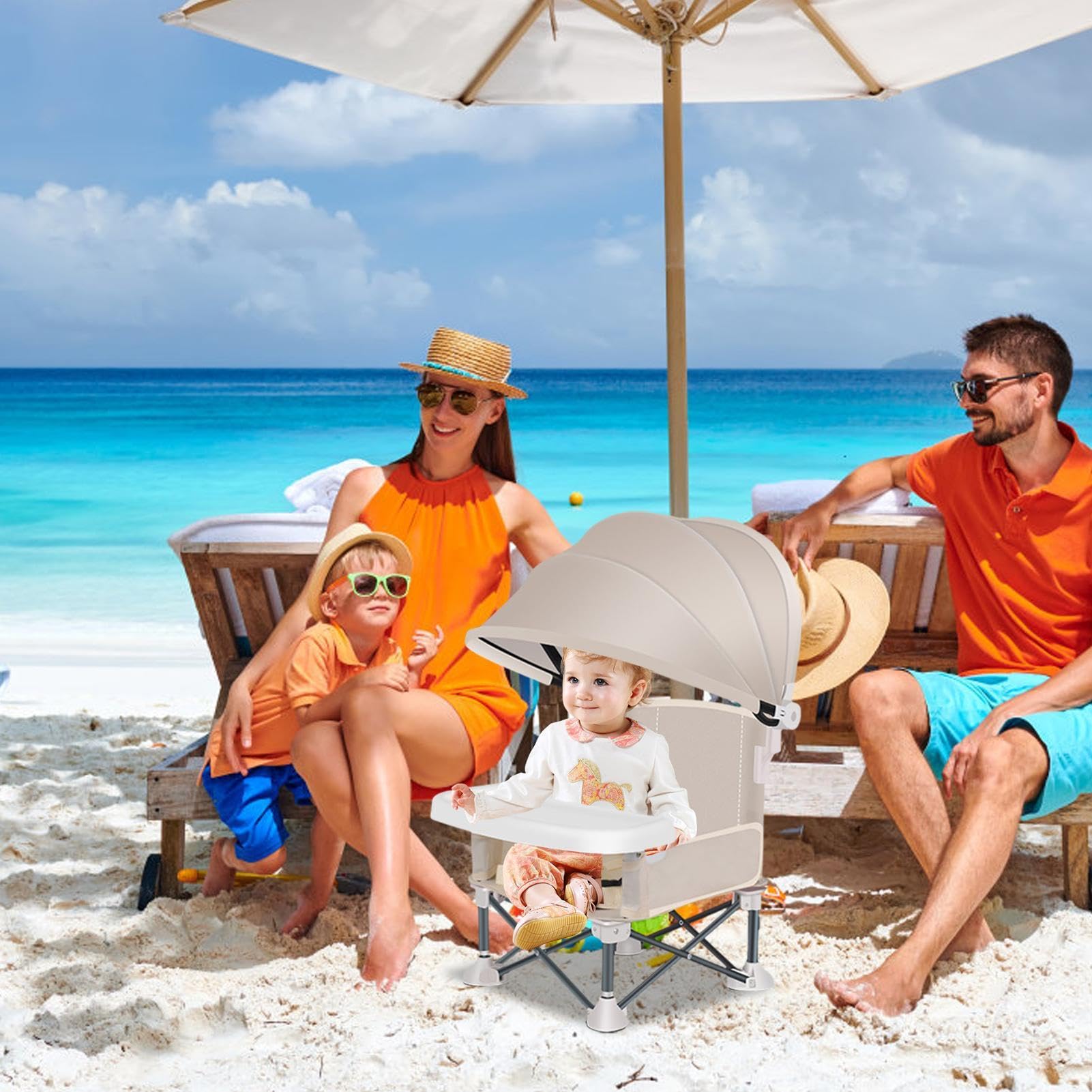 Chaise de Repas Pliante pour Bébé | Siège de Voyage avec Plateau pour Jeune Enfant,Chaise Haute Pliante Pour Bébé avec Auvent pour Pelouse, Plage, Extérieur, Camping, Maison, Voyage, Pique-nique