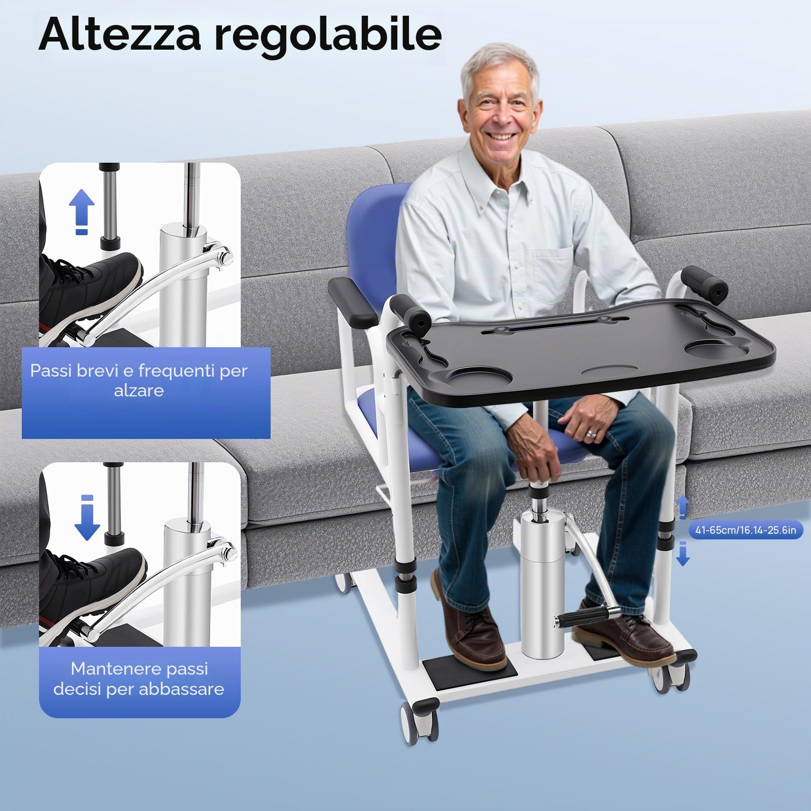 Sollevatore idraulico per pazienti, per anziani, sedile diviso a 180°, sedia a rotelle portatile, blu