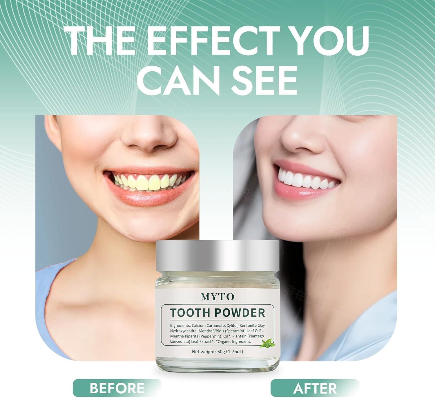 MYTO Tooth Powder - Contains Peppermint and hydroxyapatite to Strengthen Tooth Enamel - Fluoride-Free, Peppermint Flavor - Gentle Daily Cleaning, Convenient to Carry - 1.76 oz