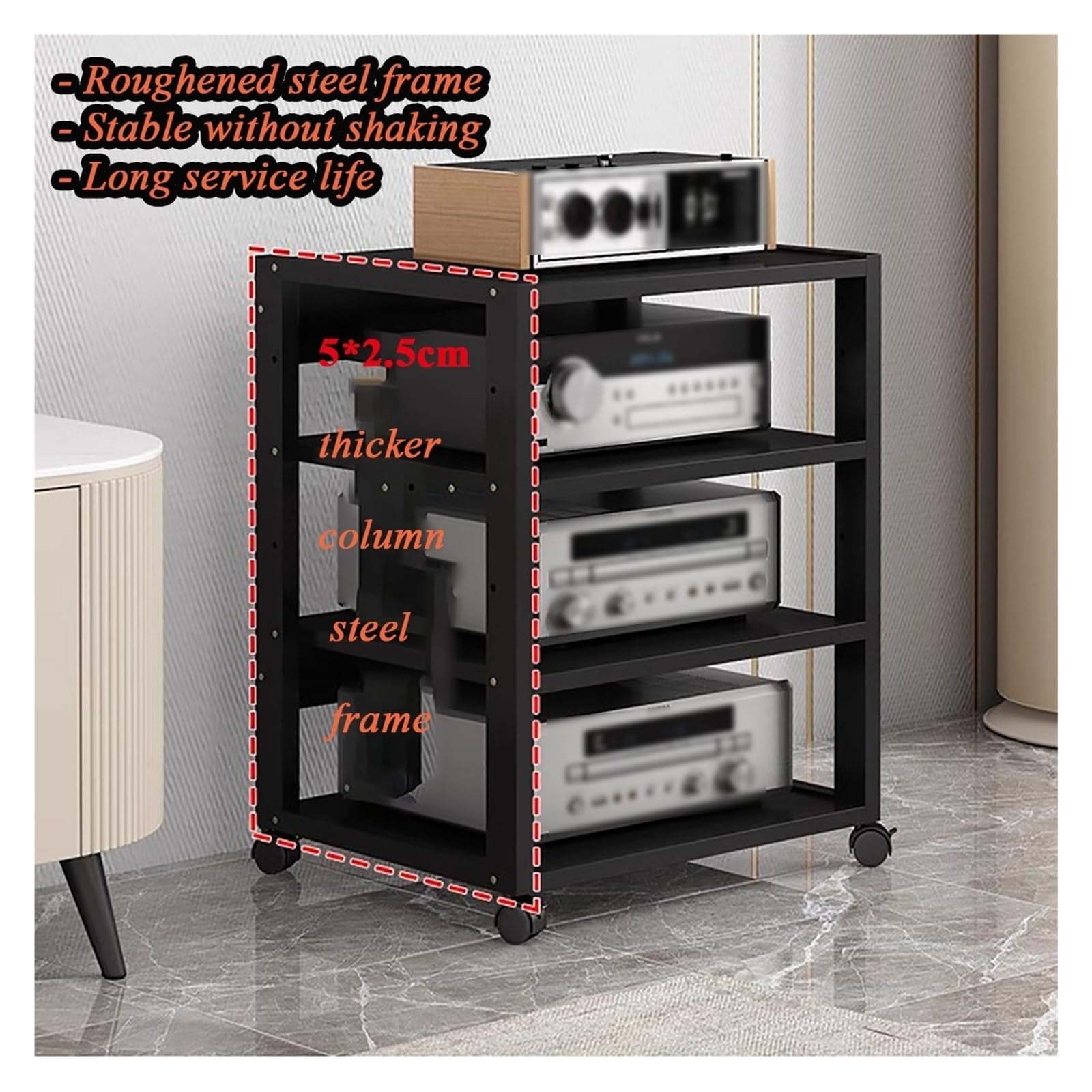 Générique Meuble Chaine HiFi Support Multimédia AV À 7 Niveaux avec roulettes, Console De Composants Audio-vidéo avec Étagères De Rangement Ouvertes, Centre Multimédia(Red)