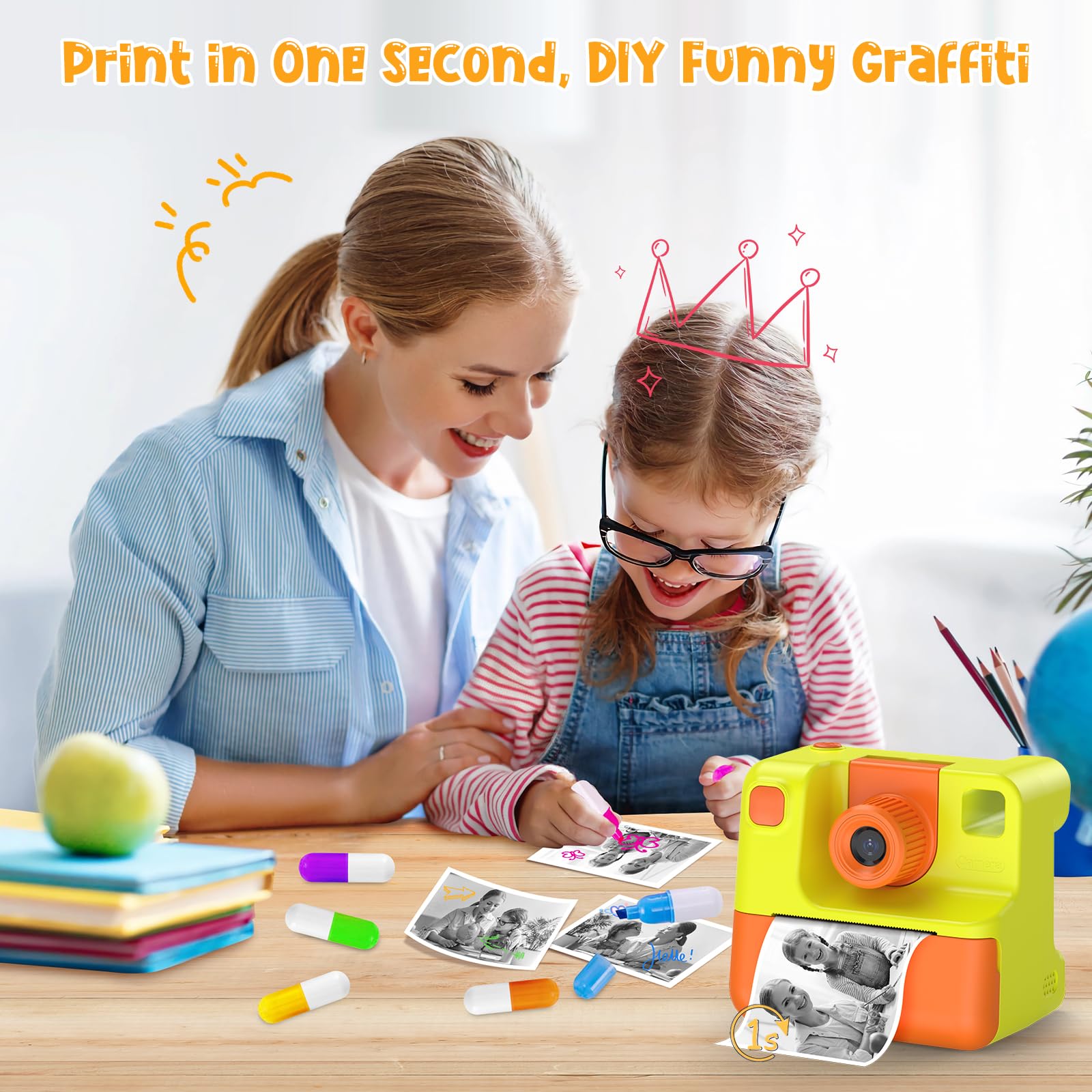 Macchina Fotografica Bambini Istantanea, 1080P Digitale Fotocamera Istantanea Bambini, Regalo per Bambini dai 3-12 Anni, 32GB Scheda SD, 5 Penne Colorate (giallo)