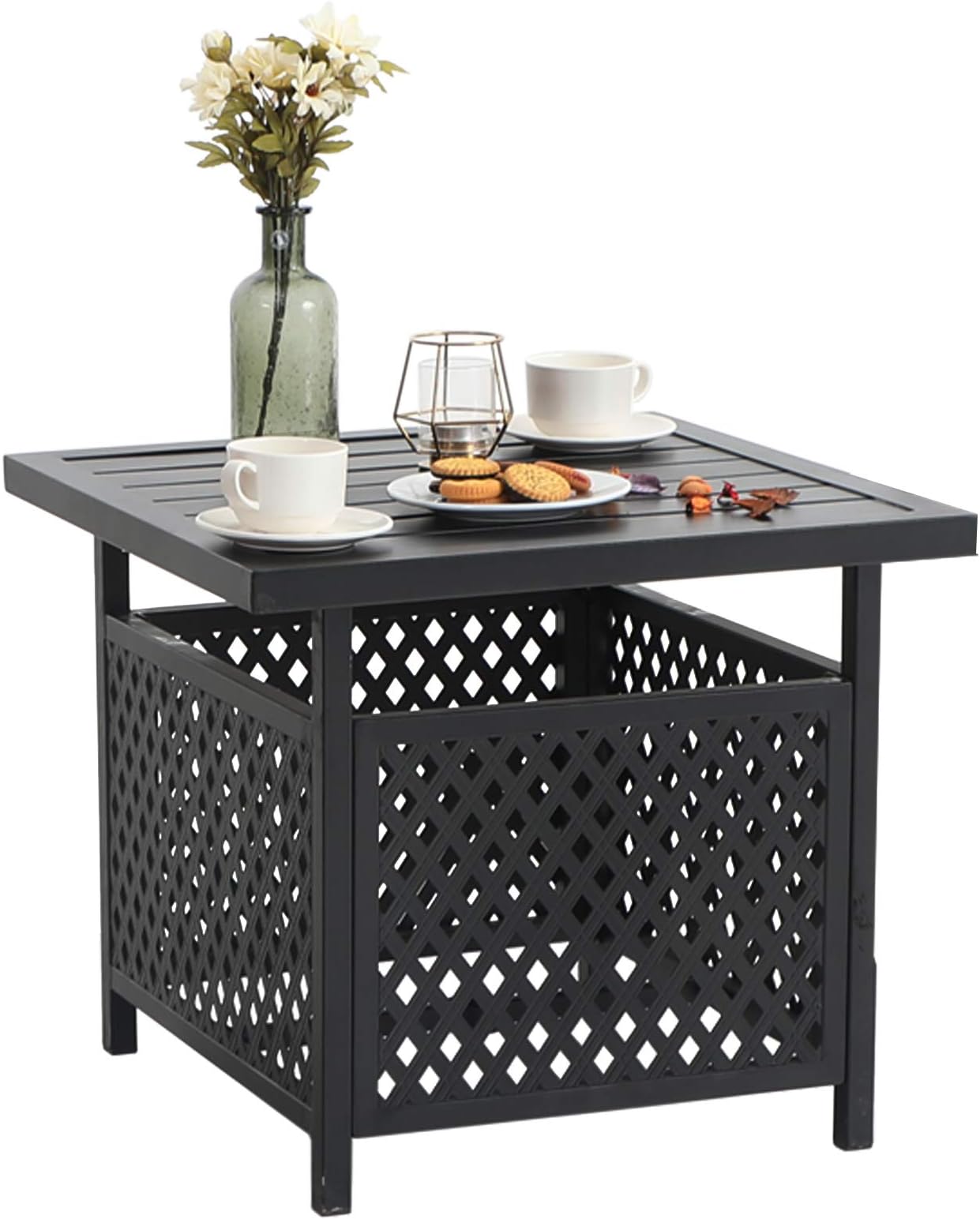 Patio Umbrella Side End Table Stand with Hole, Small Square Black Metal Bistro Table for Outdoor Garden Pool, 22"