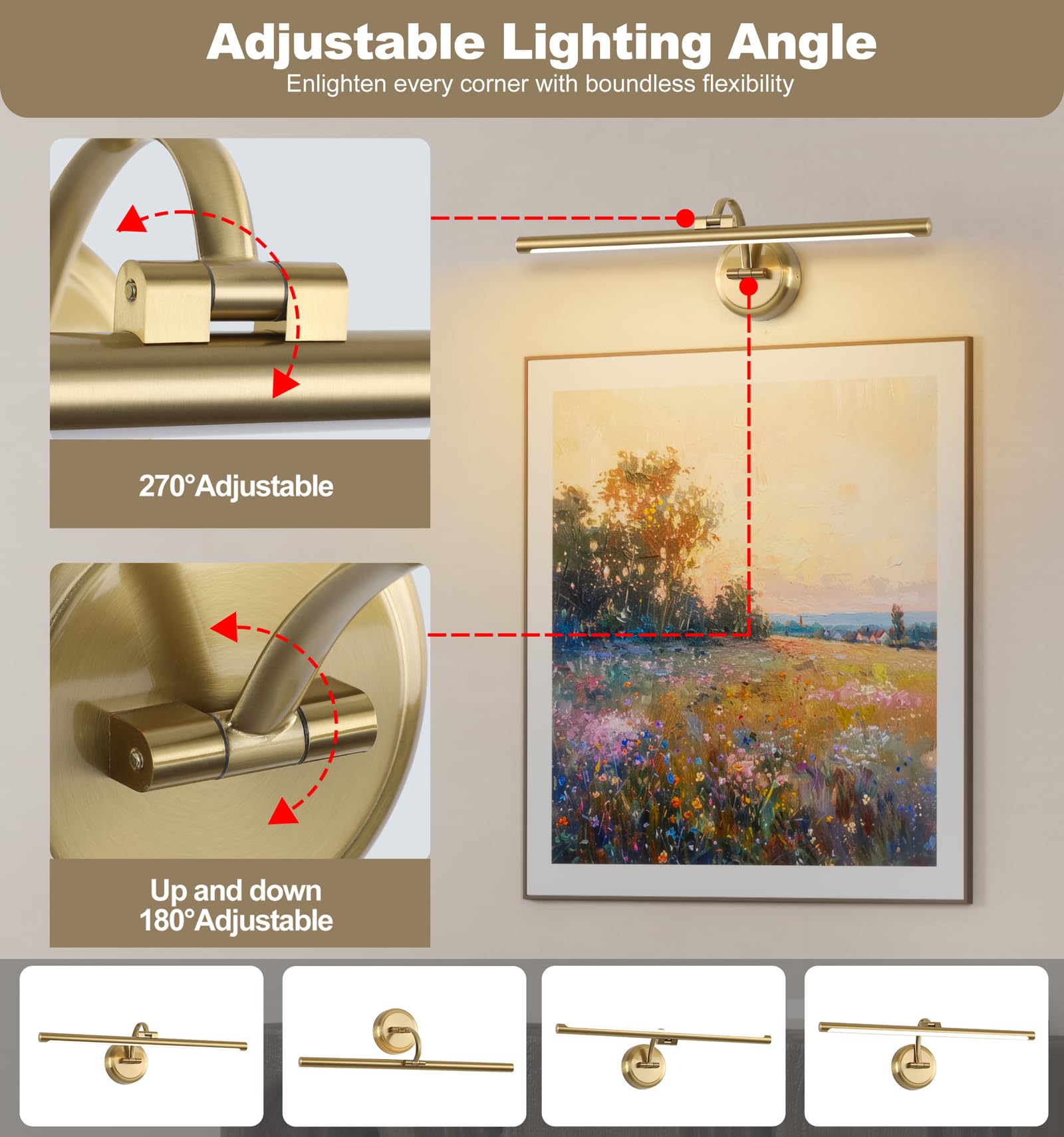 Hard-Wired Picture Lights 23.62 Inch Dimmable LED Wall Art Lighting Modern Brass Gallery Light Poster Lights Adjustable Swing Arm Picture Frame Light For Display Art Work, 14W, 2700K, Warm White