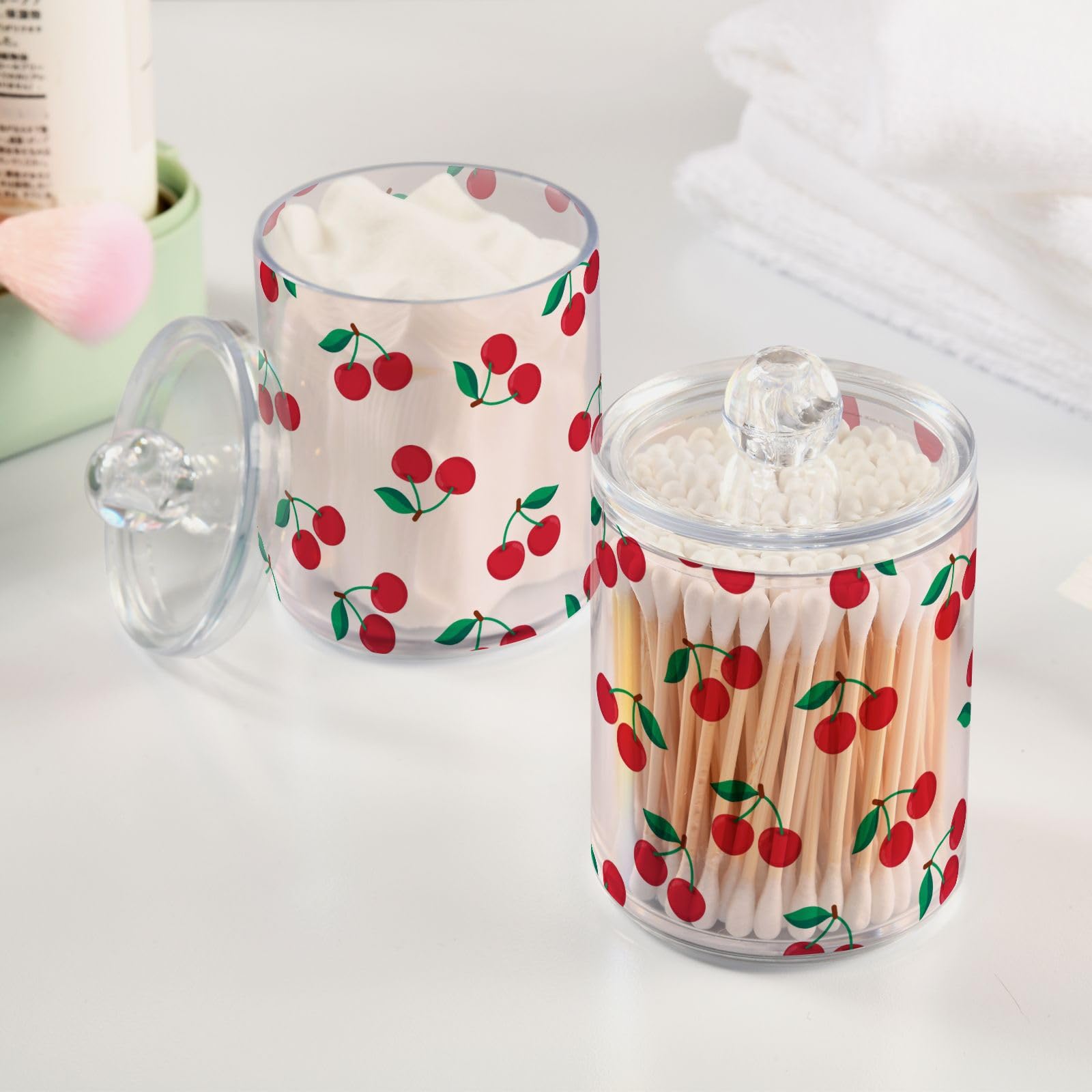 Cherry Print - Dispensador de 2 soportes para hisopos de algodón, bolas de algodón, almohadillas, hilo dental, juego de tarros de boticario de plástico de 10 onzas con tapa, organizador de
