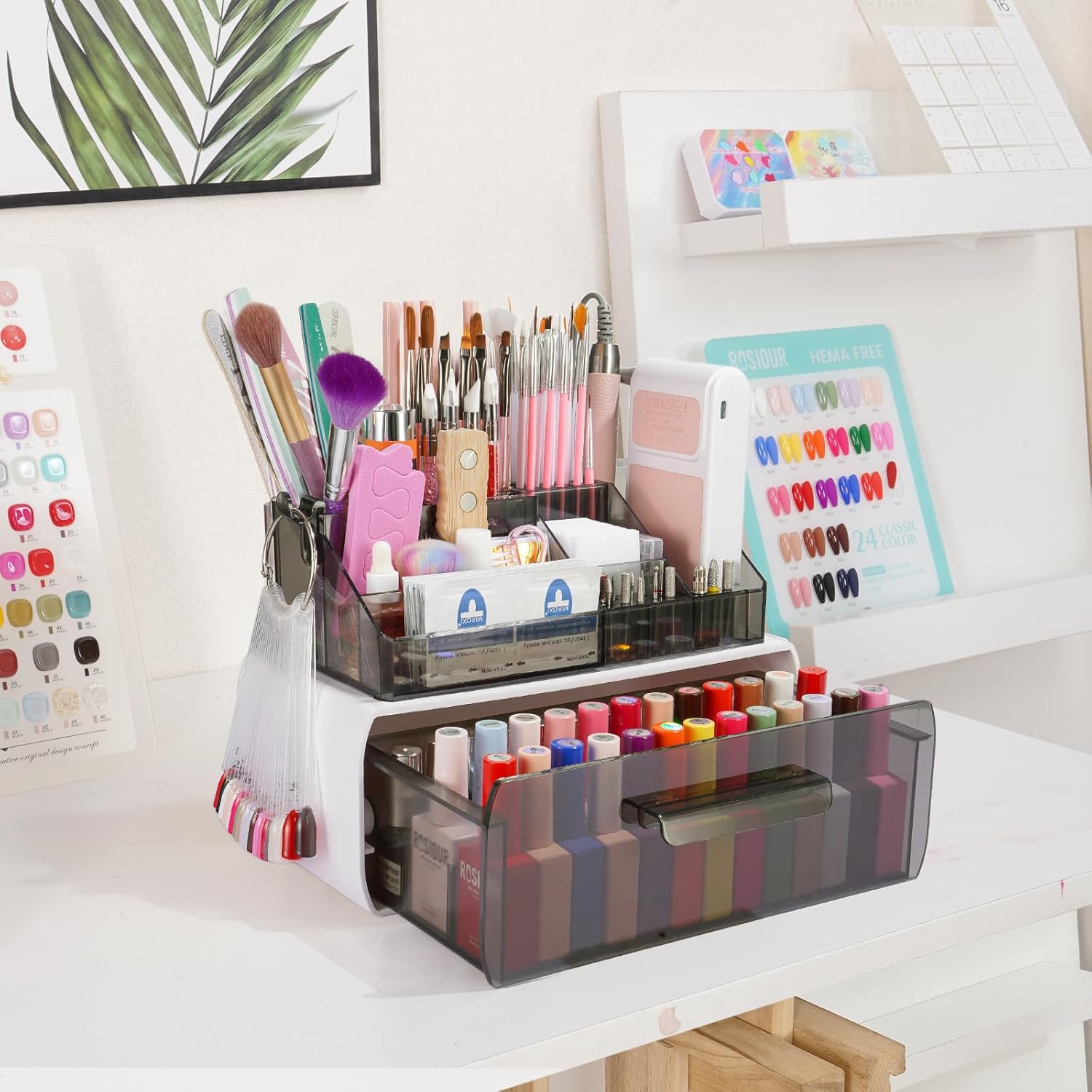 Nail Tech Desk Organizer Case: 2 Layers Nail Tech Organizers with Nail Polish Storage Drawer- 53 Holes Nail Drill Bits & Nail Brushes Pens Holder for Manicure Nail Supplies (Grey)