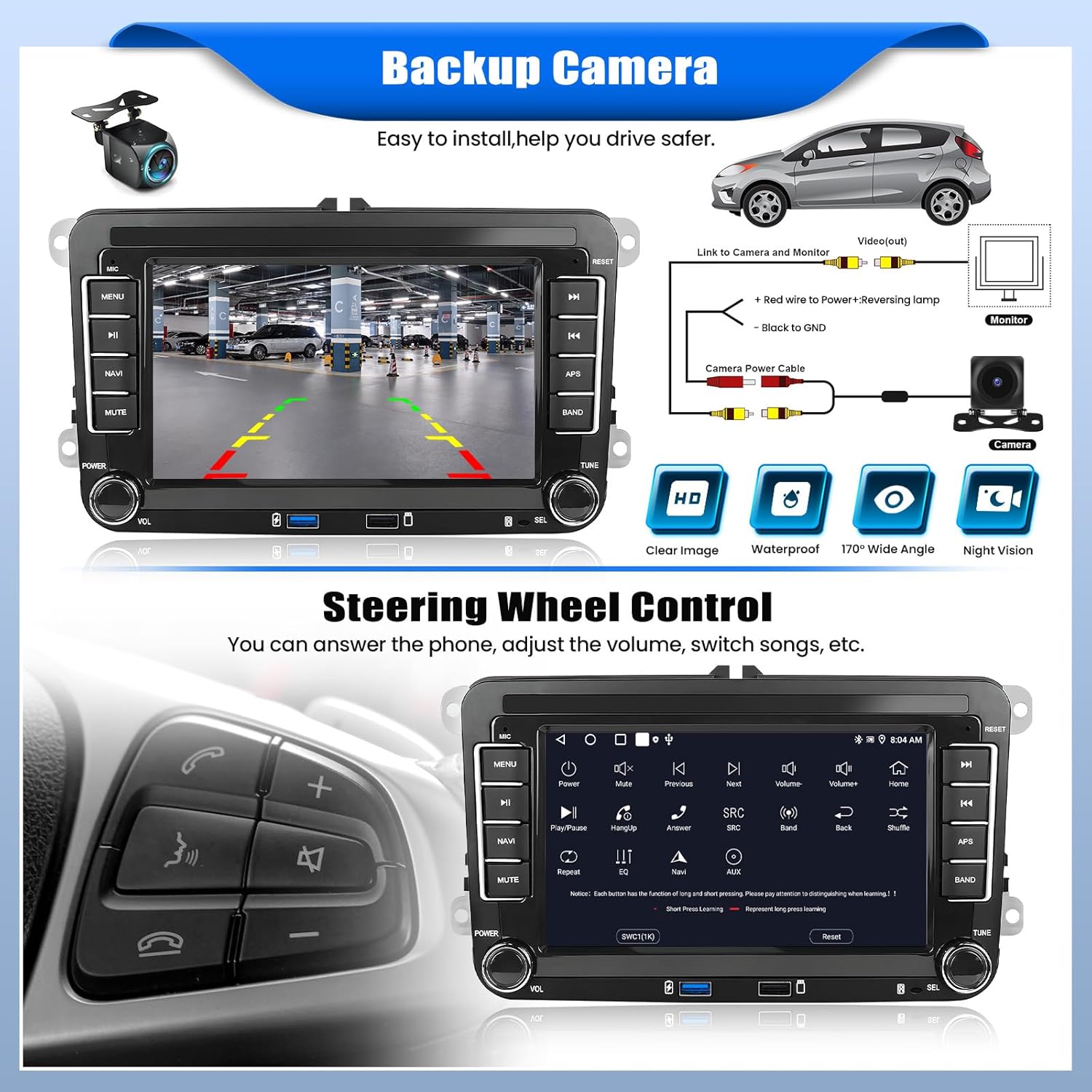 Diagram showing backup camera connection and steering wheel control interface